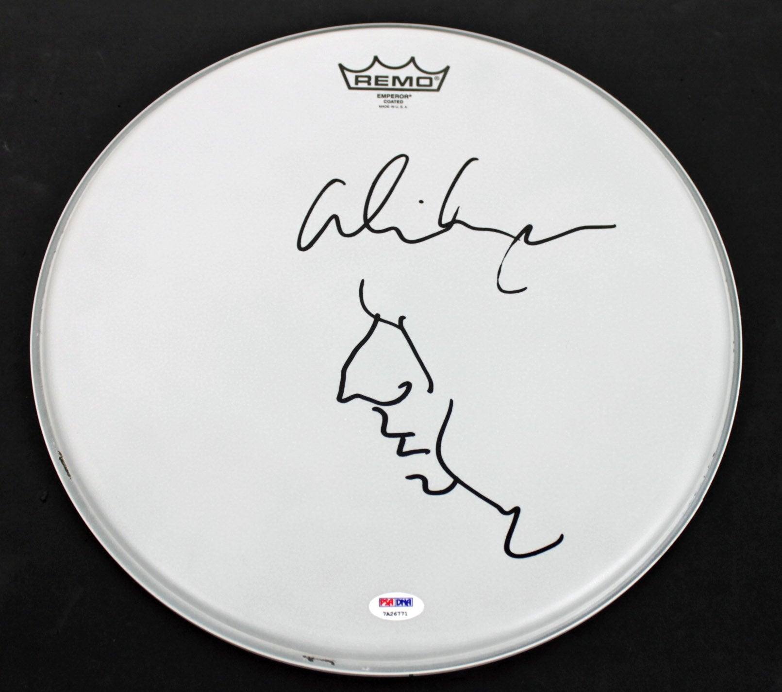 Alice Cooper Signed Drumhead w/ Hand Drawn Self Portrait Sketch PSA ITP #7A26771