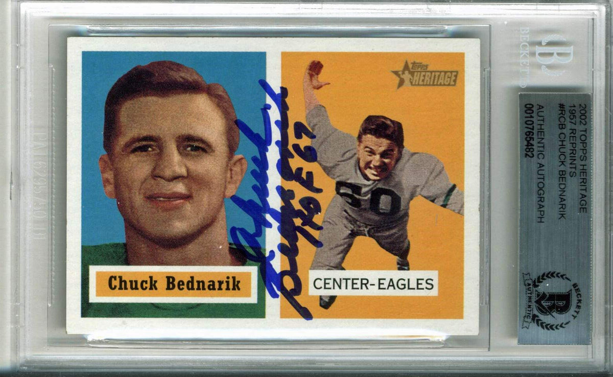Chuck Bednarik "HOF 67" Signed 2002 Topps Heritage 1957 #RCB Card BAS Slabbed