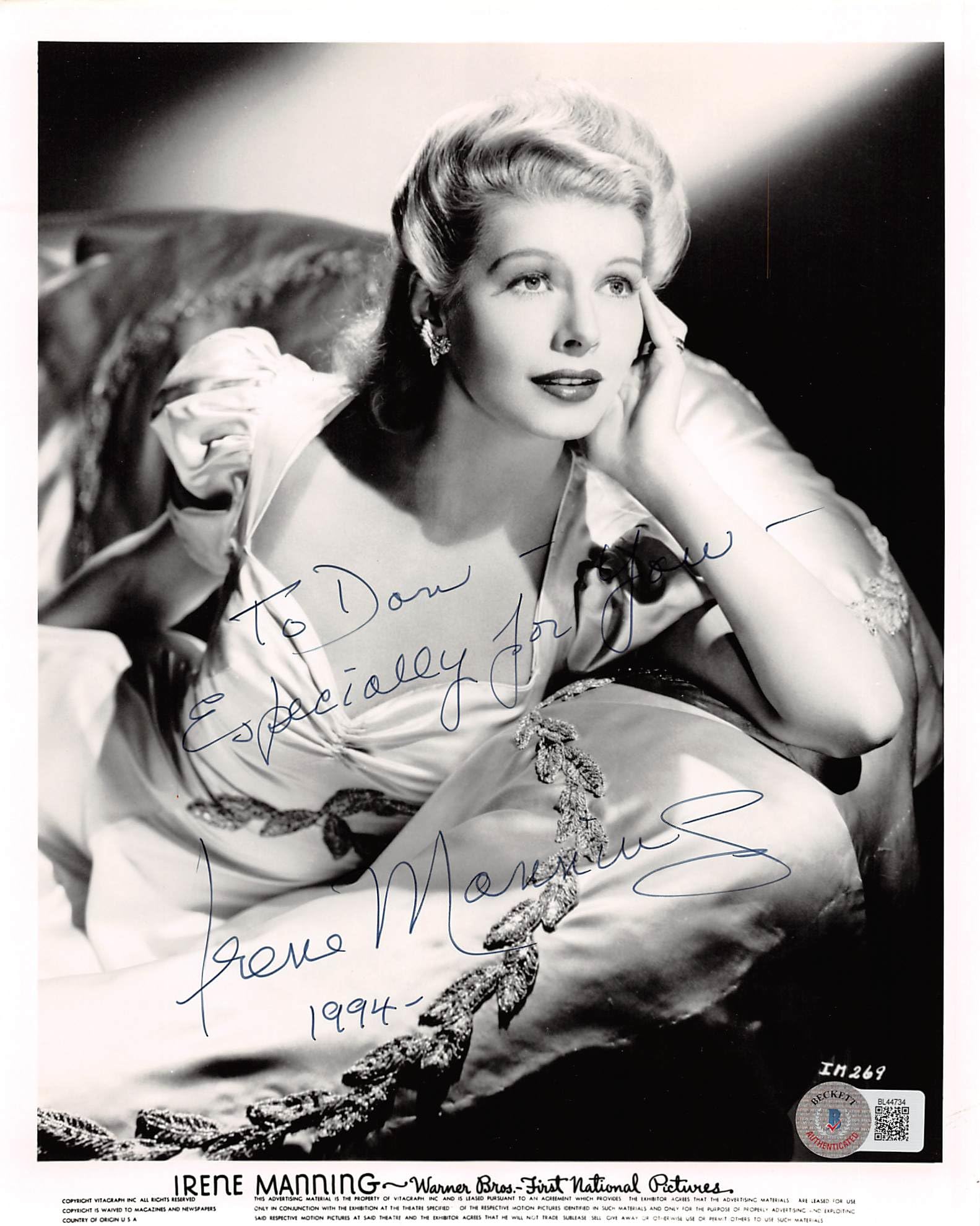 Irene Manning Yankee Doodle Dandy "For You-1994" Signed 8x10 Photo BAS #BL44734
