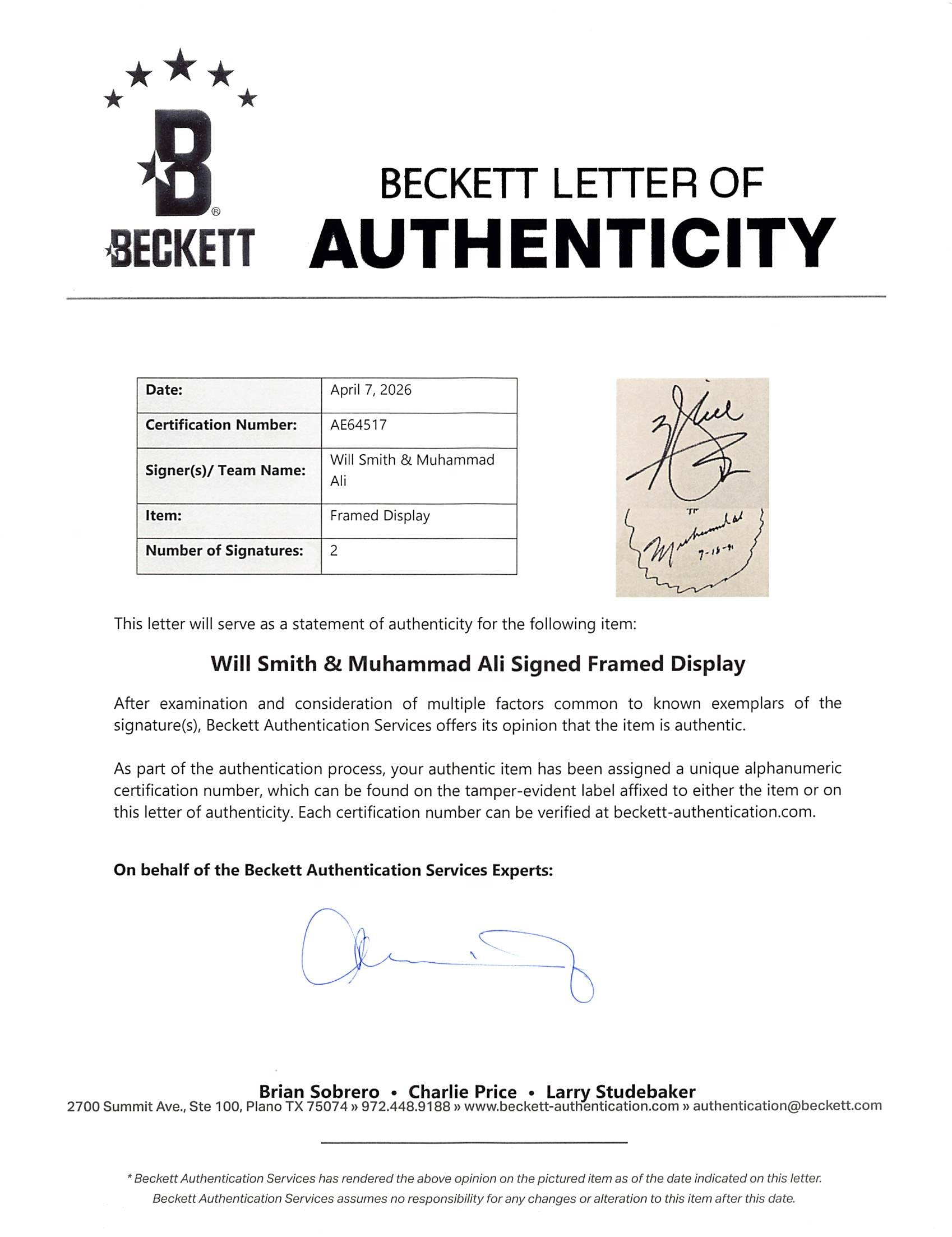 Muhammad Ali & Will Smith Signed Cut Signature Framed Display BAS #AE64517