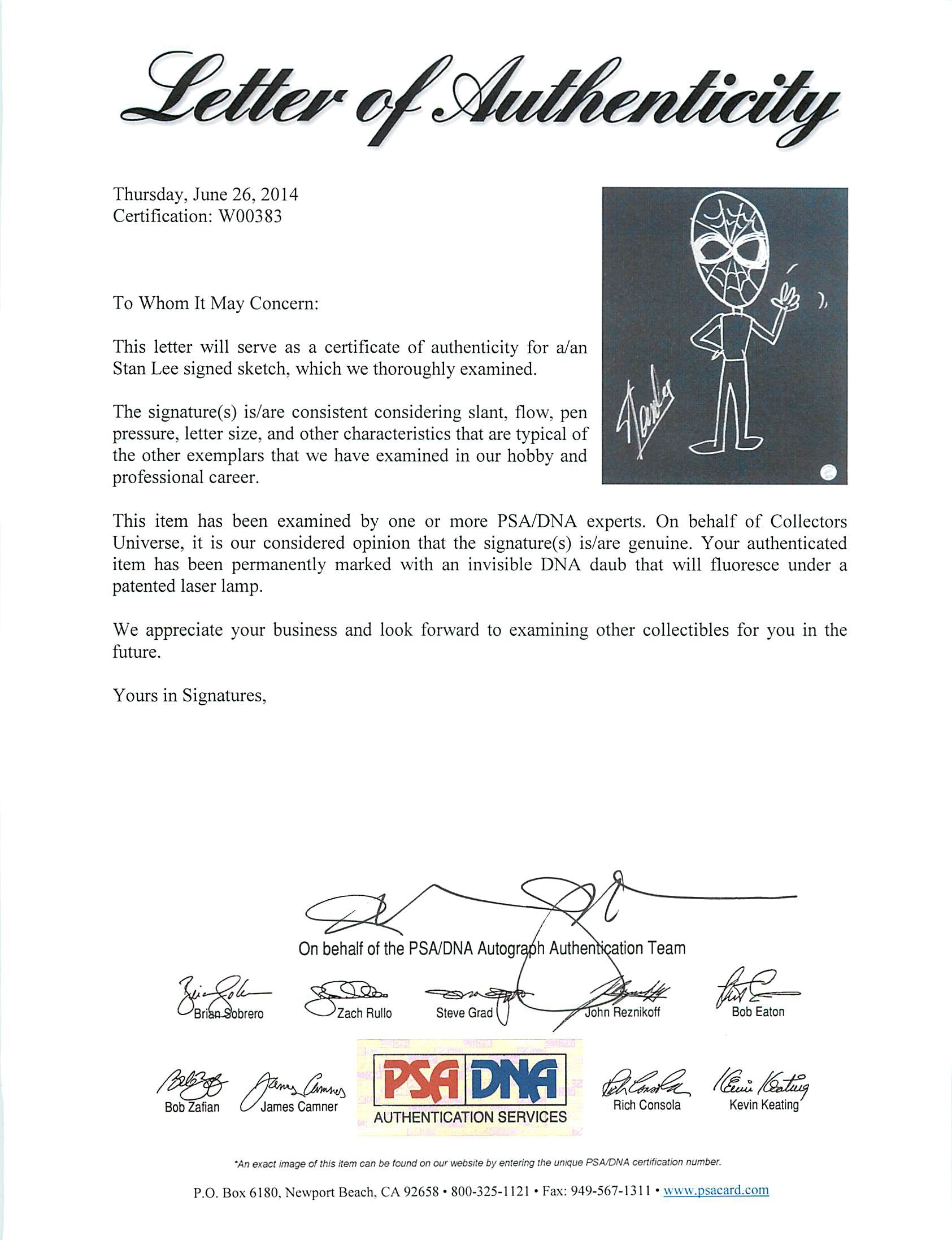 Stan Lee Authentic Signed 16x20 Canvas w/ Spider-man Sketch PSA/DNA #W00383