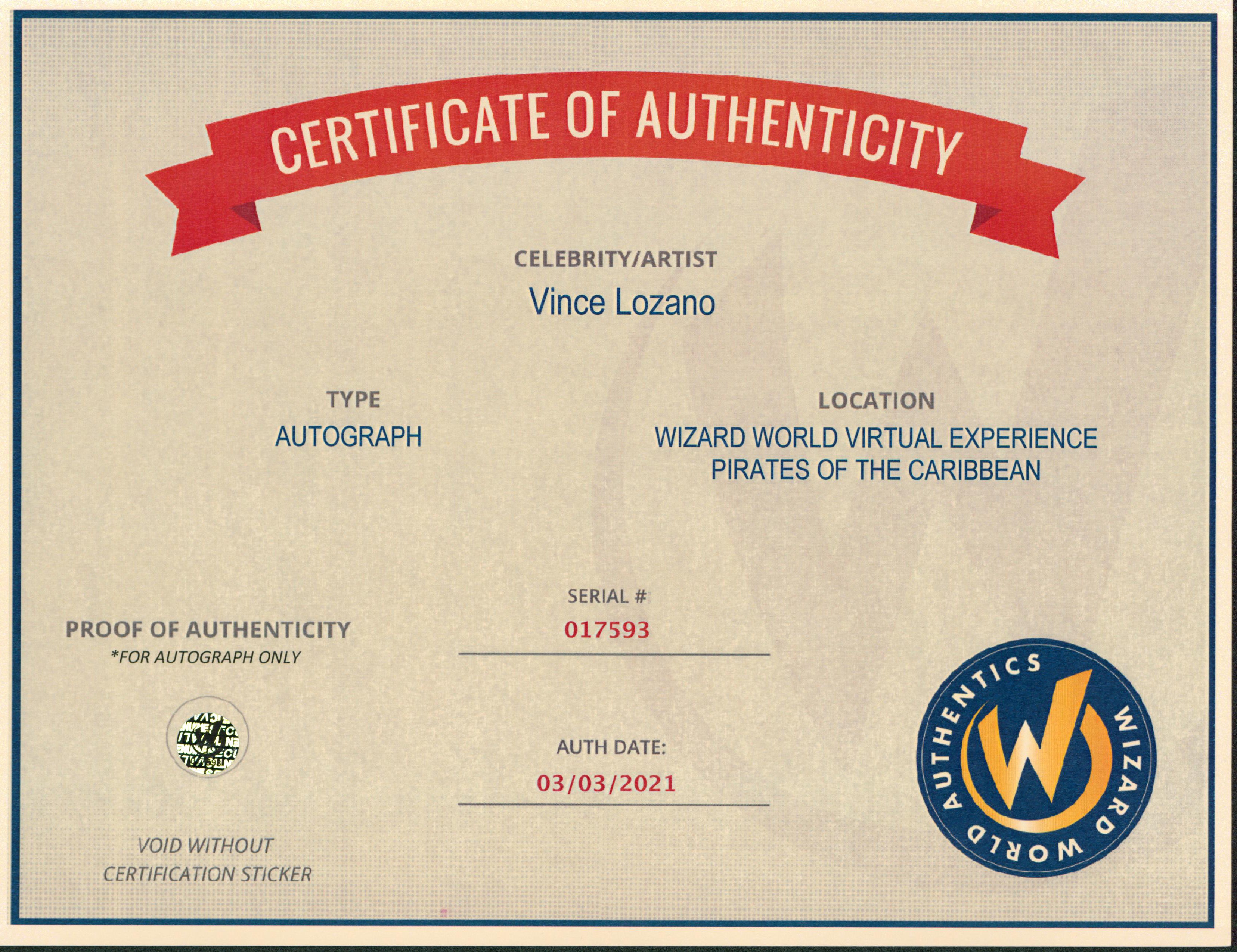 Vince Lozano Pirates Of The Caribbean Authentic Signed 8x10 Photo Wizard World 4