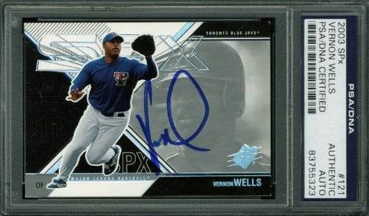 Blue Jays Vernon Wells Authentic Signed Card 2003 Spx #121 PSA/DNA Slabbed