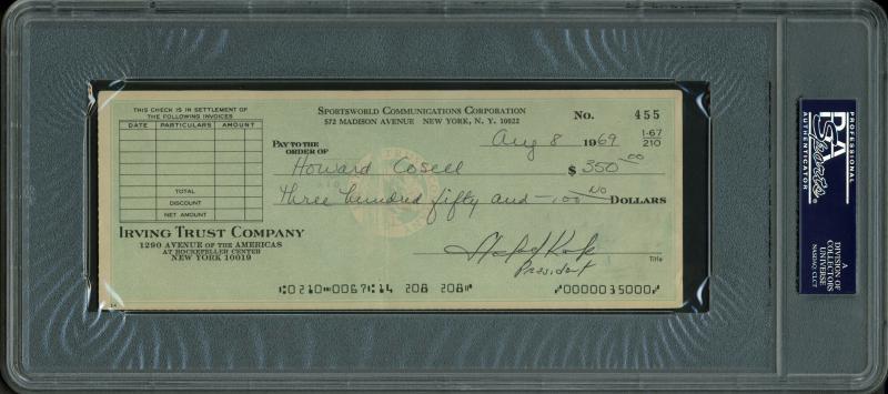 Howard Cosell Authentic Double Signed 3X8.25 August 1969 Check PSA/DNA Slabbed