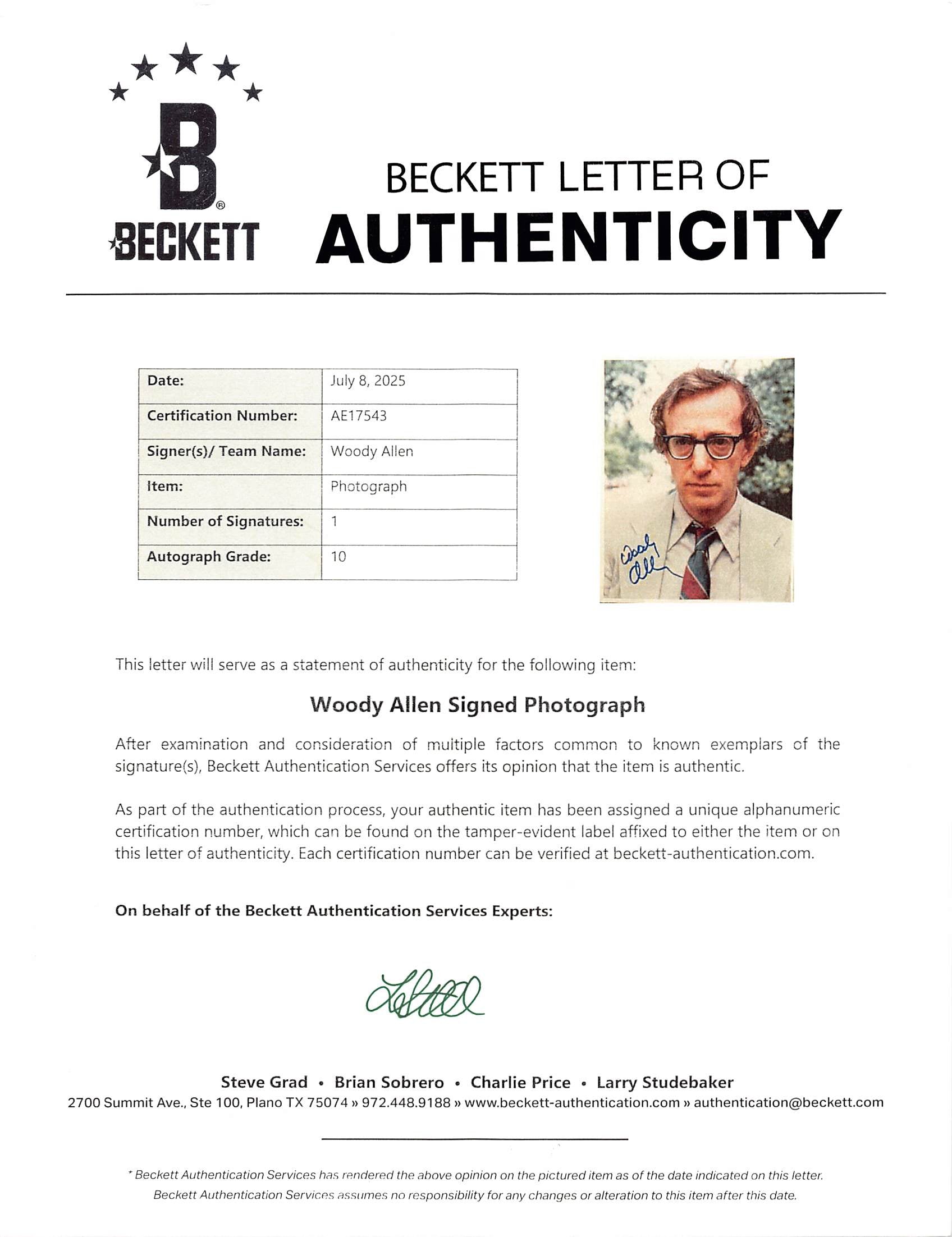 Woody Allen Annie Hall Authentic Signed 8x10 Photo Auto Graded 10! BAS #AE17543