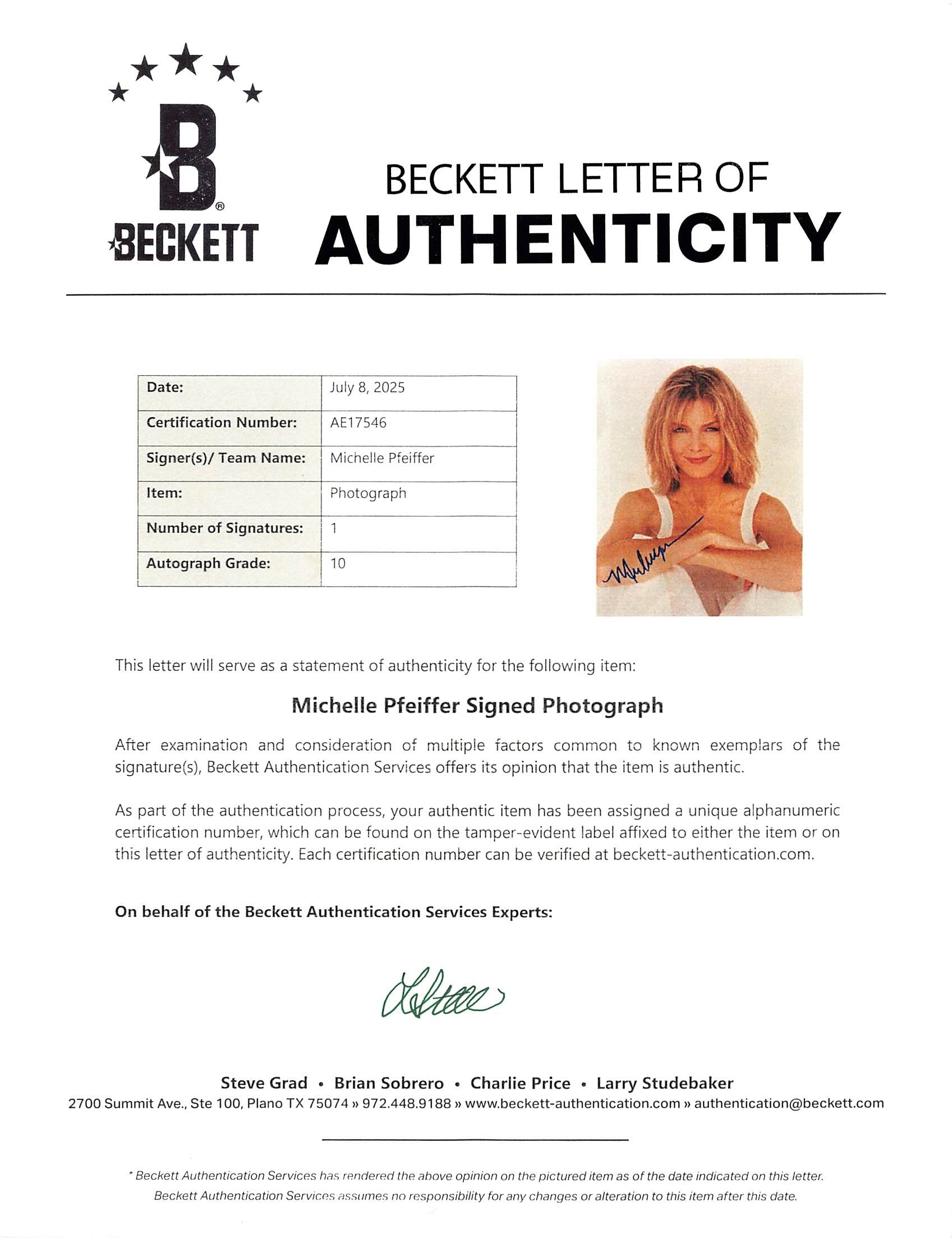 Michelle Pfeiffer Dangerous Minds Signed 8x10 Photo Auto Graded 10! BAS #AE17546