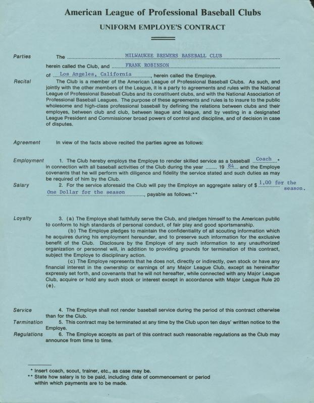 Frank Robinson Authentic Signed 1984 Brewers Coaching Contract PSA/DNA #X45024