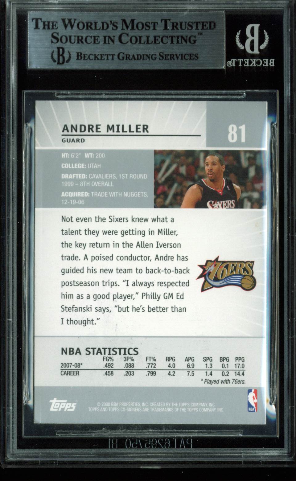 76ers Andre Miller Authentic Signed Card 2008 Topps Co-Signers #81 BAS Slabbed