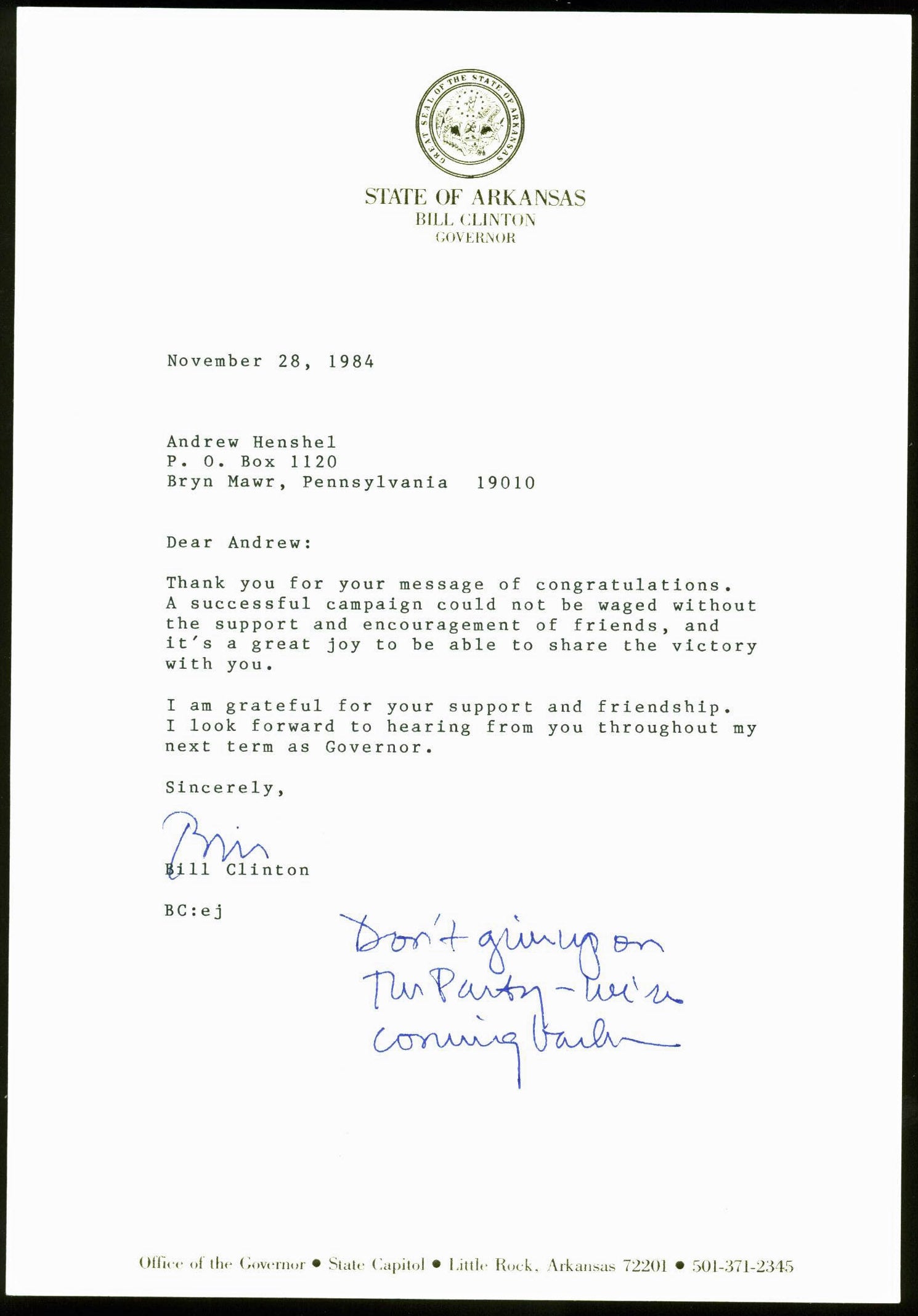 Bill Clinton Signed 7.25x10.5 1984 Letter as Governor of AR PSA/DNA #Y06747