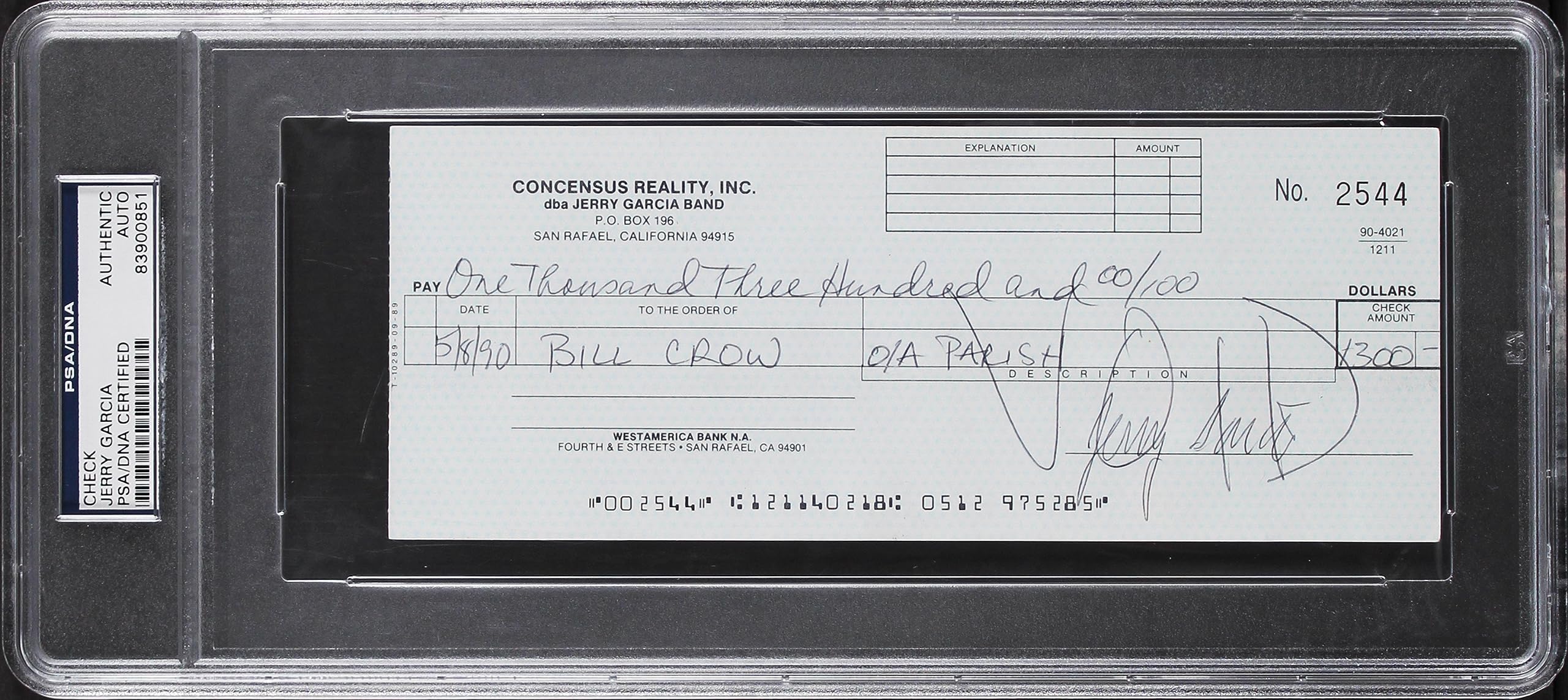 Jerry Garcia Grateful Dead Authentic Signed 3x8.25 1990 Check PSA/DNA Slabbed