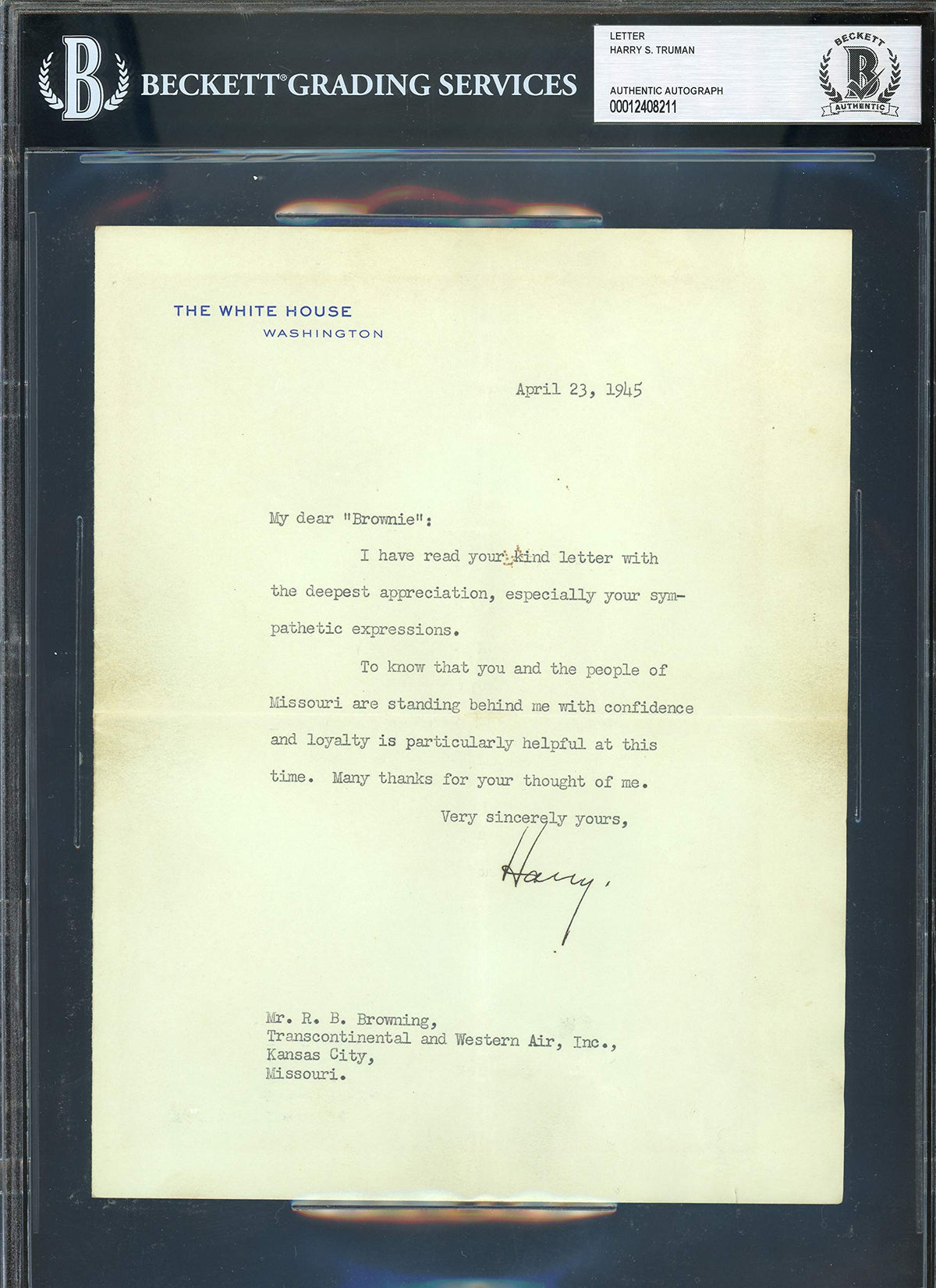 Harry S. Truman Signed 7x8.75 1945 Letter On White House Stationary BAS Slabbed