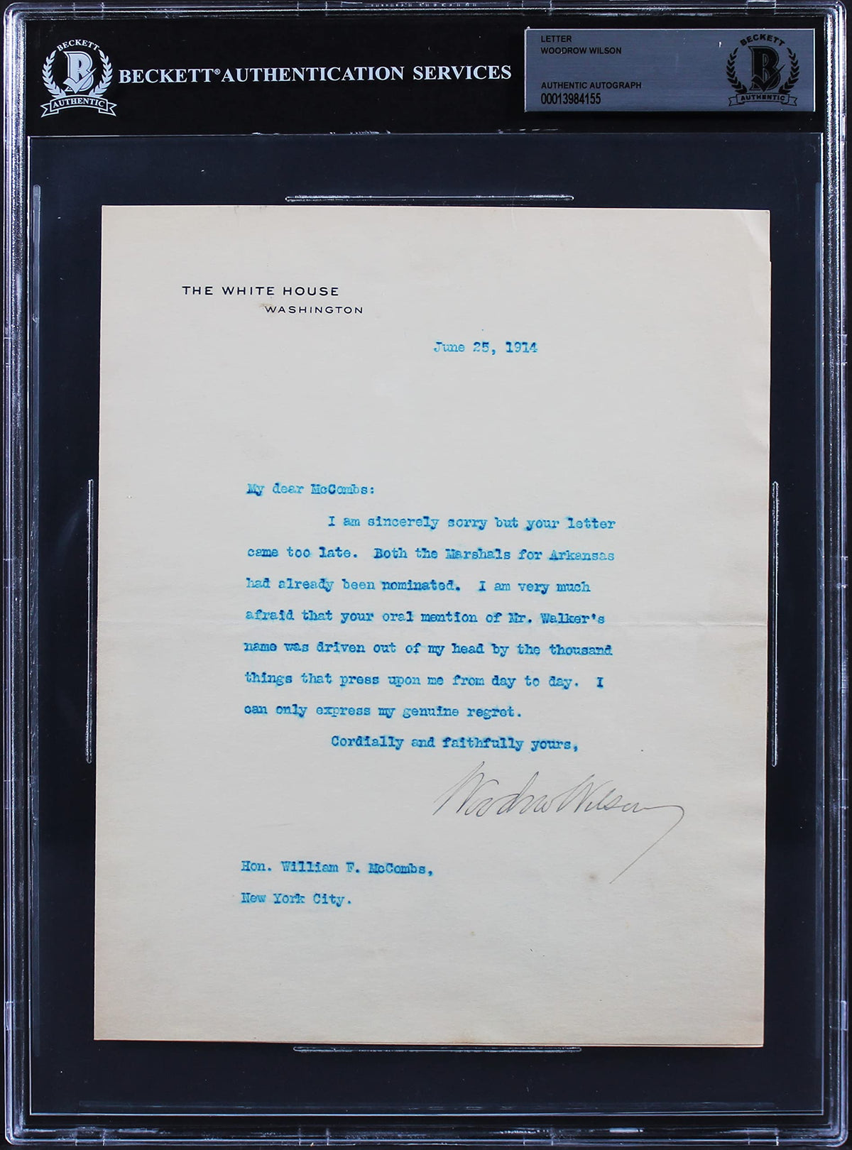 Woodrow Wilson Signed 7x8.75 1915 Letter On White House Letterhead BAS Slab 9