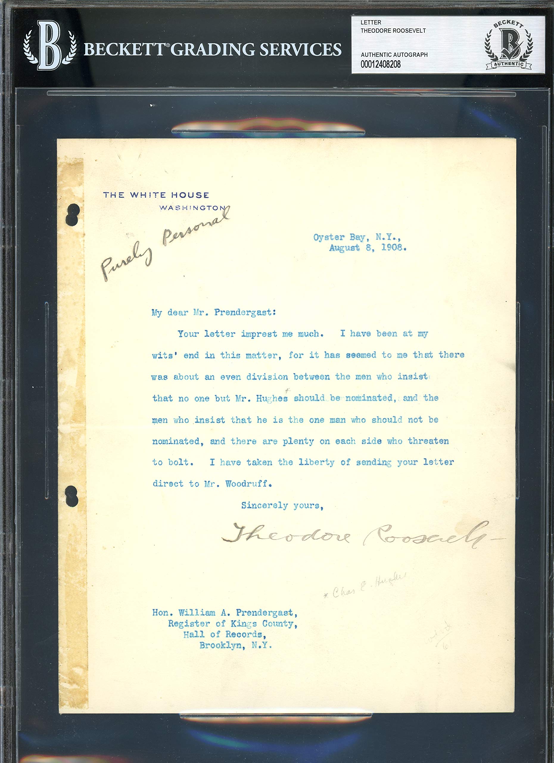 Theodore Roosevelt Signed 7x8.75 1908 Letter On White House Stationary BAS Slab
