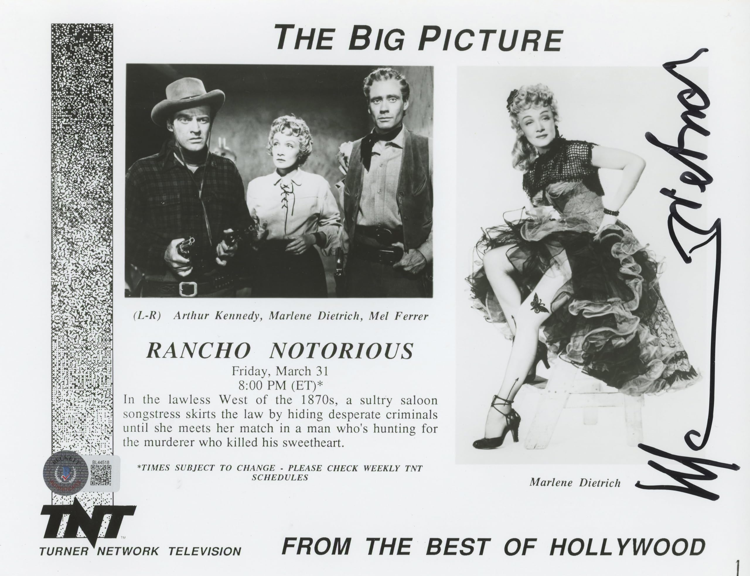 Marlene Dietrich Rancho Notorious Authentic Signed 8x10.25 Photo BAS #BL44518