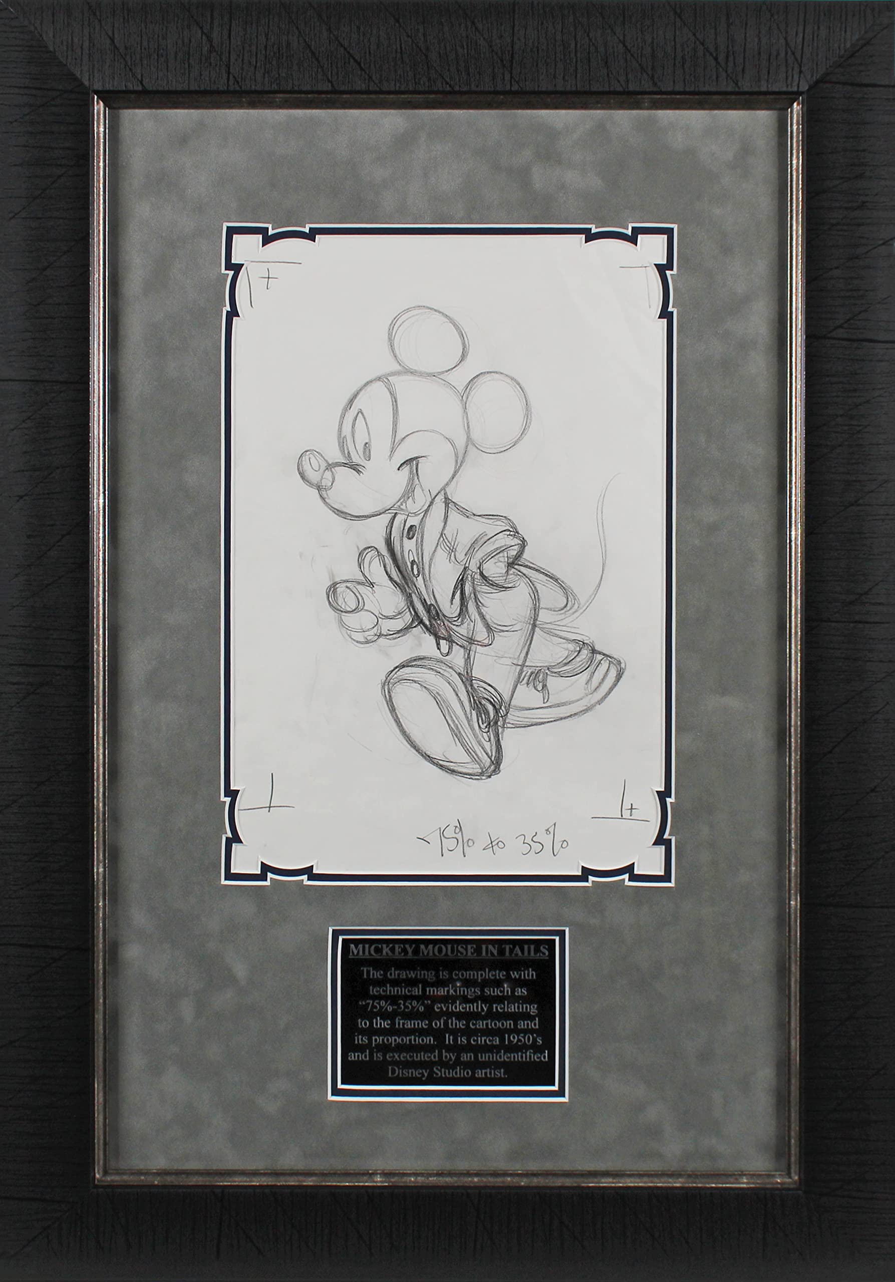 Framed Disney Mickey Mouse Cartoon 8.5x12 Hand Drawn Sketch Circa 1950s