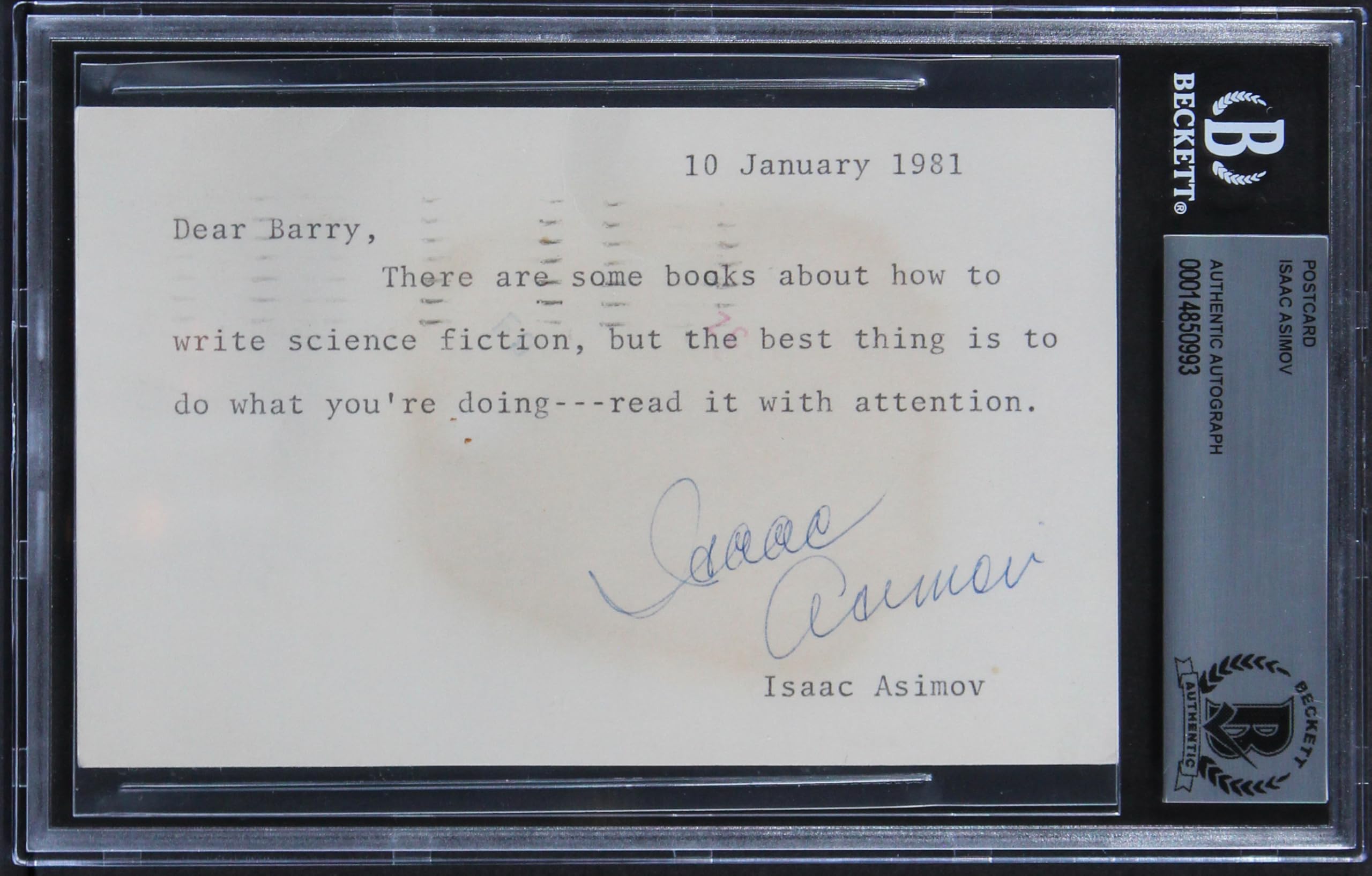 Isaac Asimov The Bicentennial Man Signed 3.5x5.5 1981 Postcard BAS Slabbed