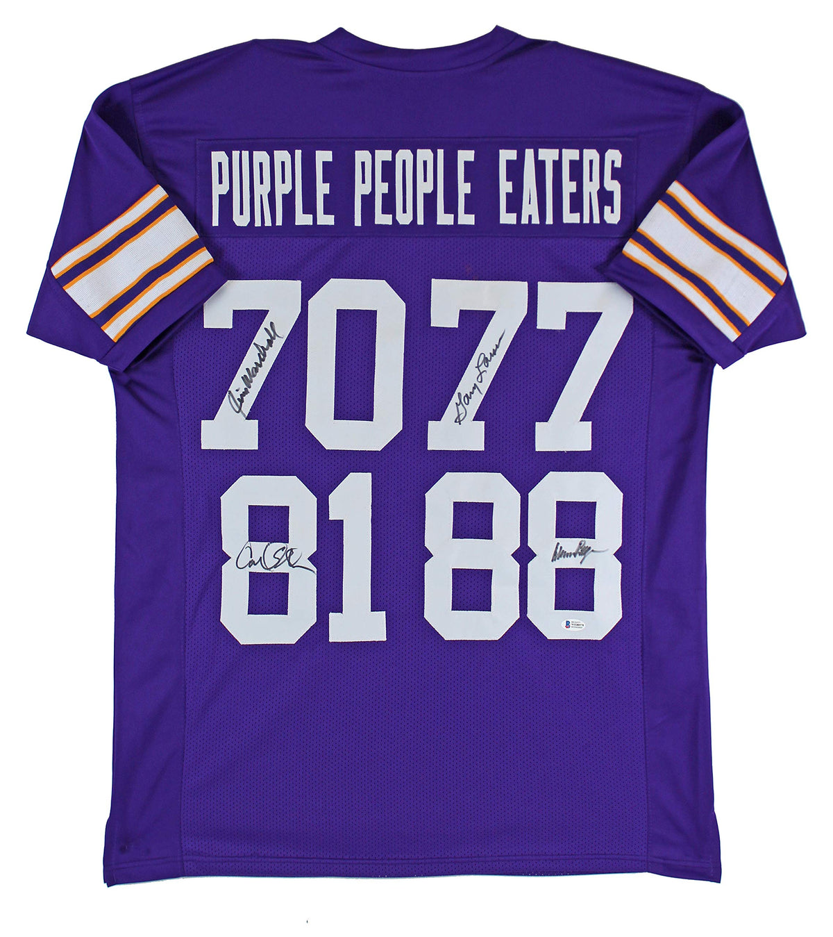 Purple People Eaters 4 Page, Marshall, Eller, Larsen Signed Pro Style Jersey BAS