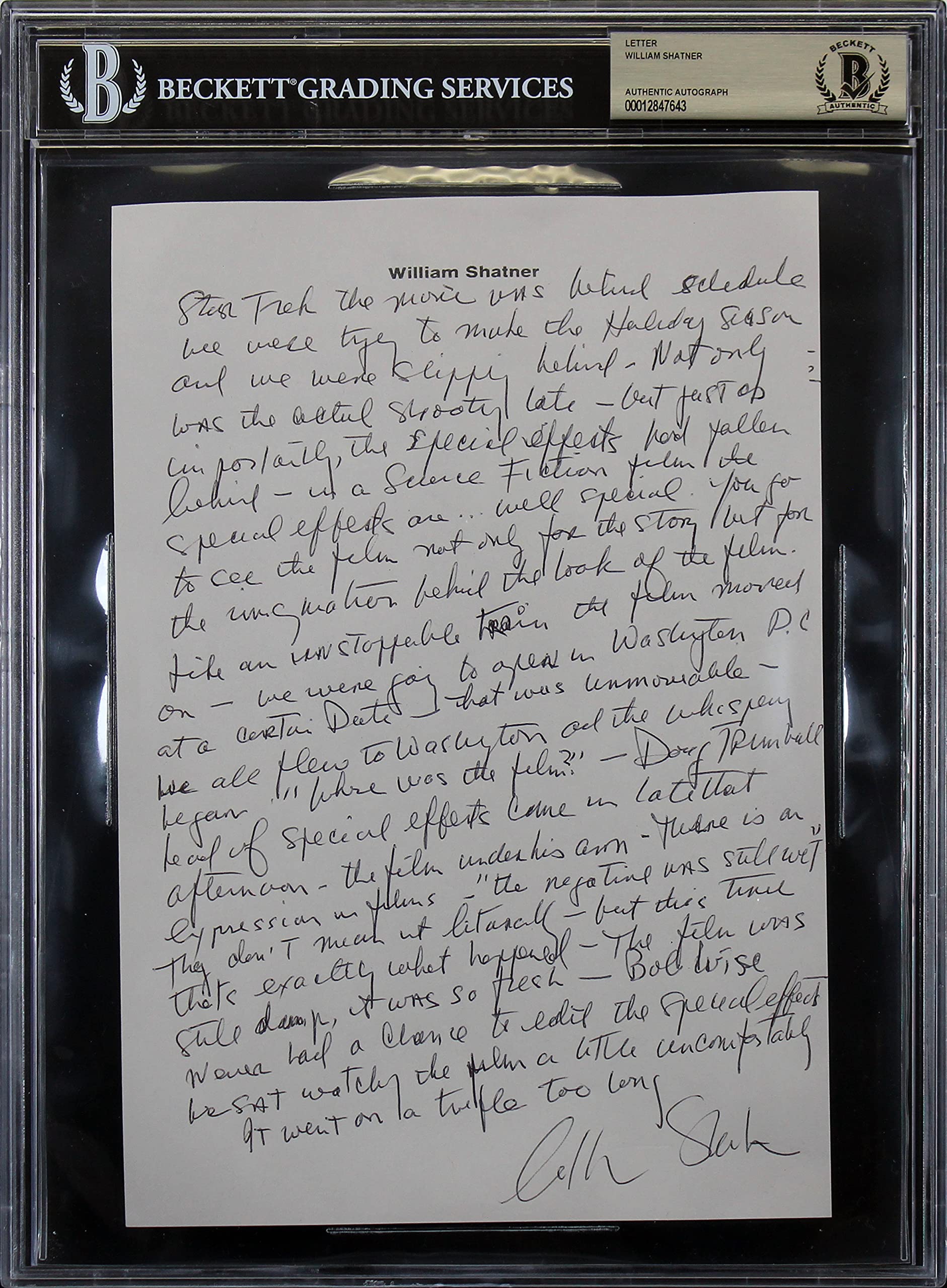 William Shatner Star Trek Authentic Signed 7.25x10 Handwritten Letter BAS Slab