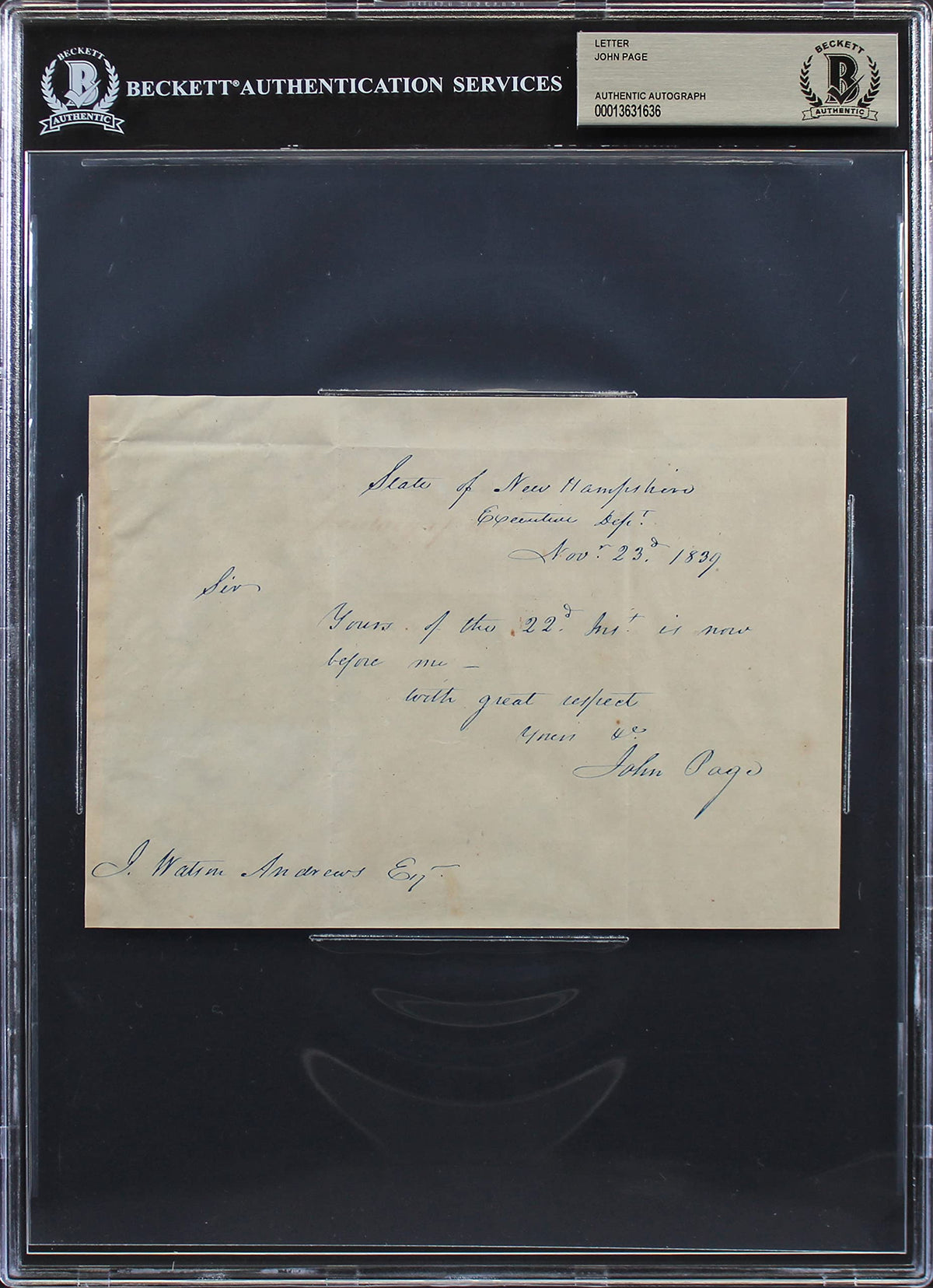 John Page Authentic Signed 5x7 Letter Dated November 23, 1839 BAS Slabbed