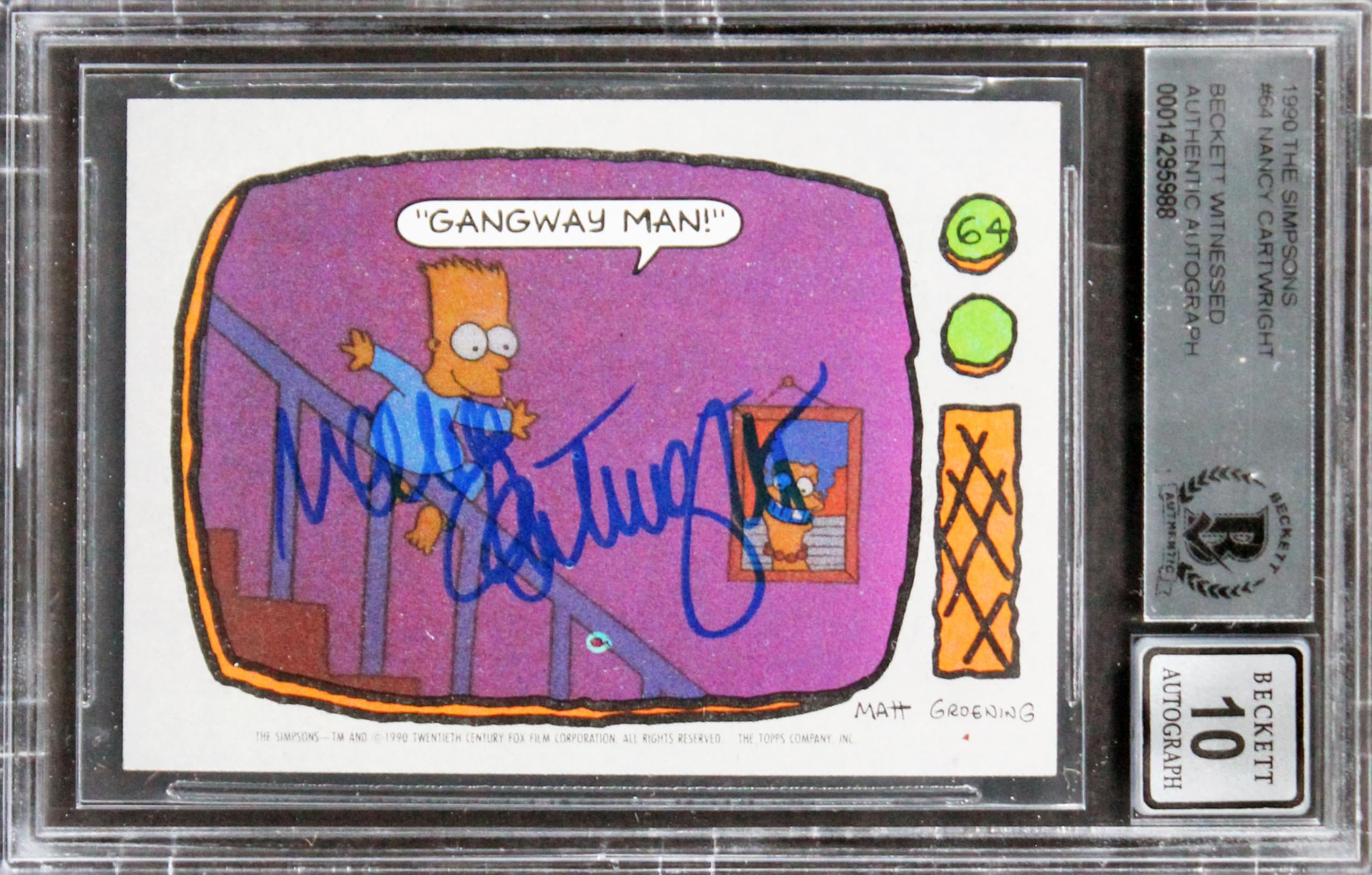 Nancy Cartwright Signed 1990 The Simpsons Stickers #64 Card Auto 10!  BAS Slab