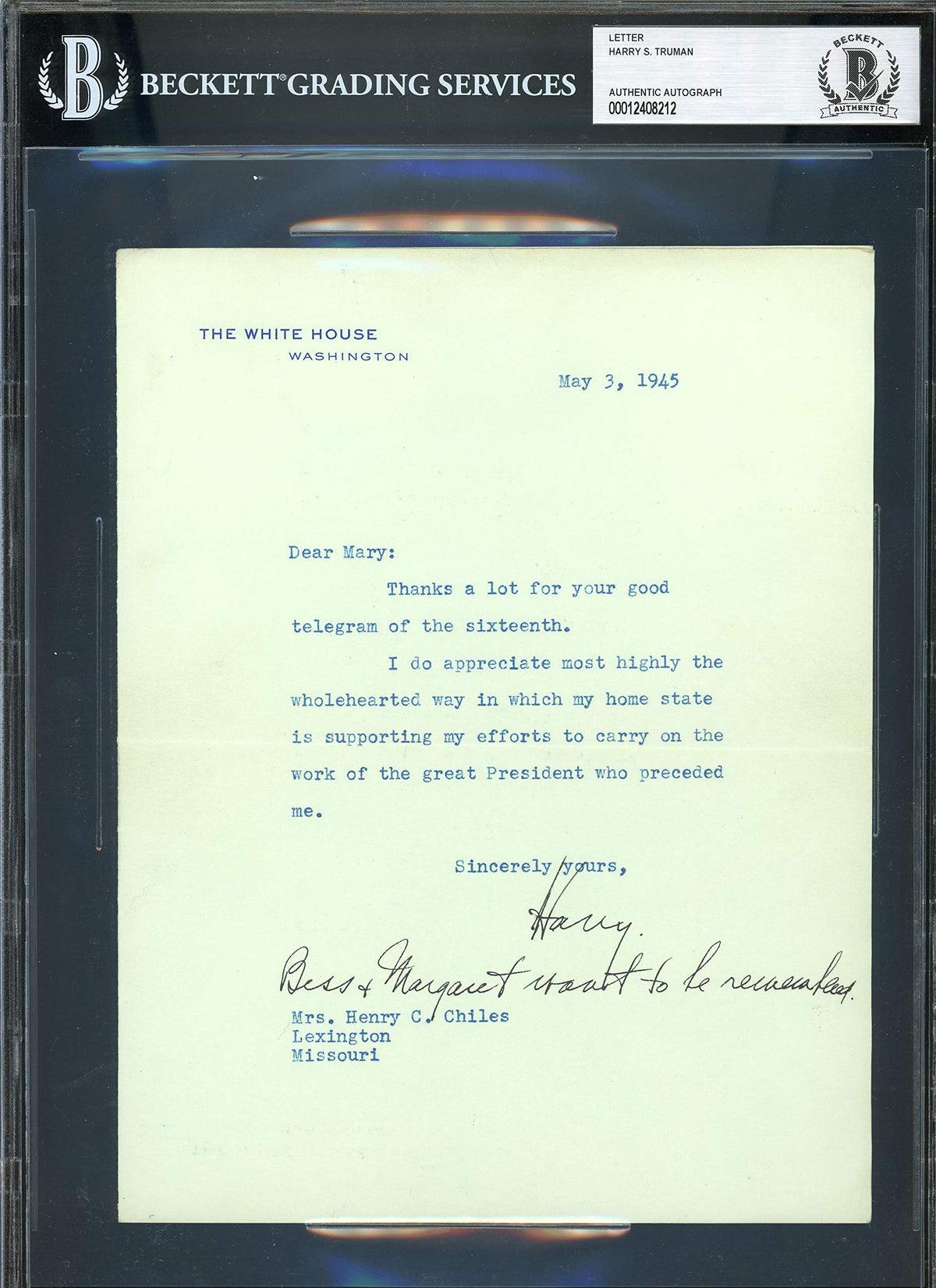 Harry S. Truman Signed 7x8.75 1945 Letter On White House Stationary BAS Slabbed