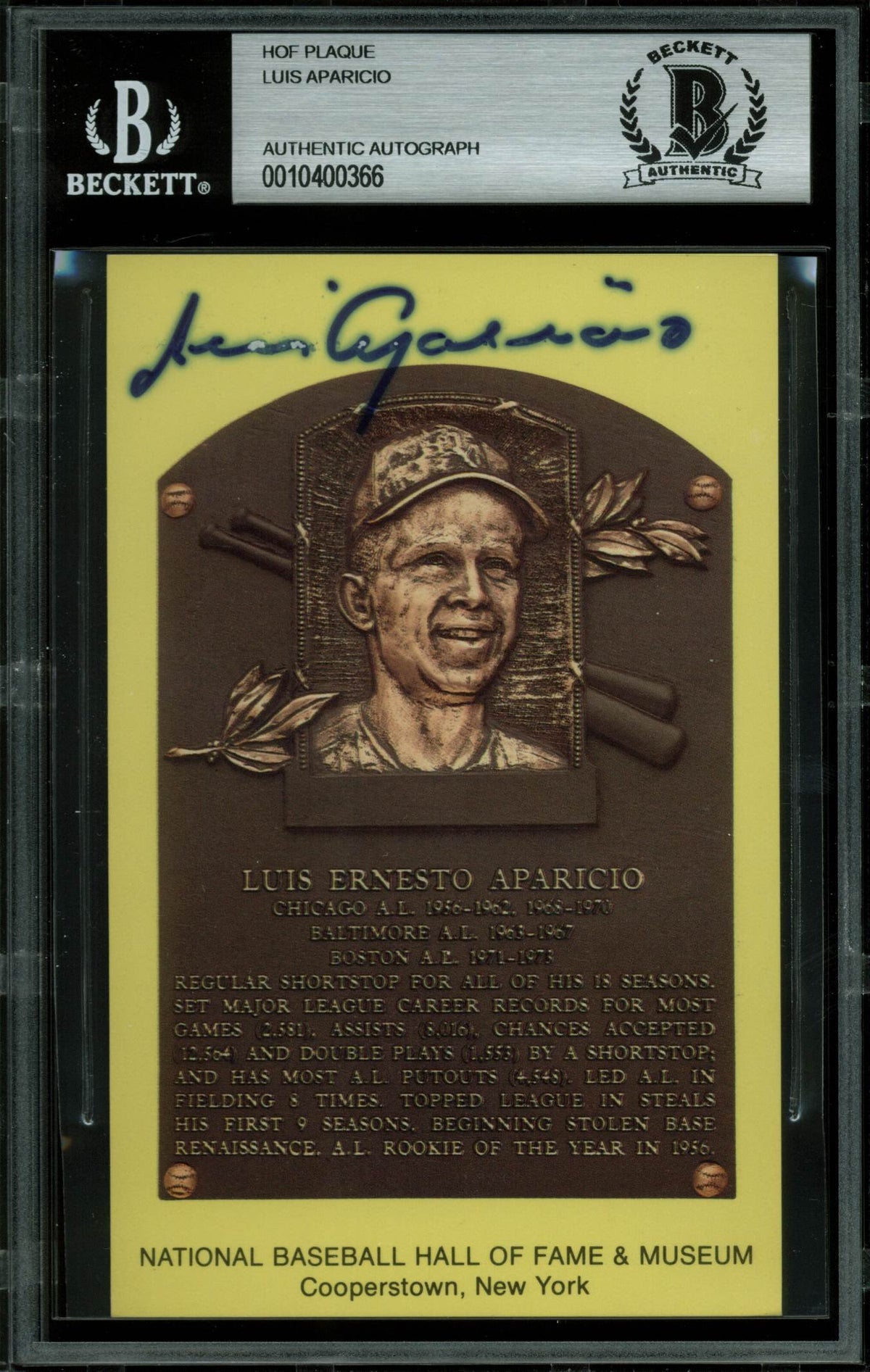 White Sox Luis Aparicio Authentic Signed 3.5x5.5 HOF Plaque Postcard BAS Slabbed