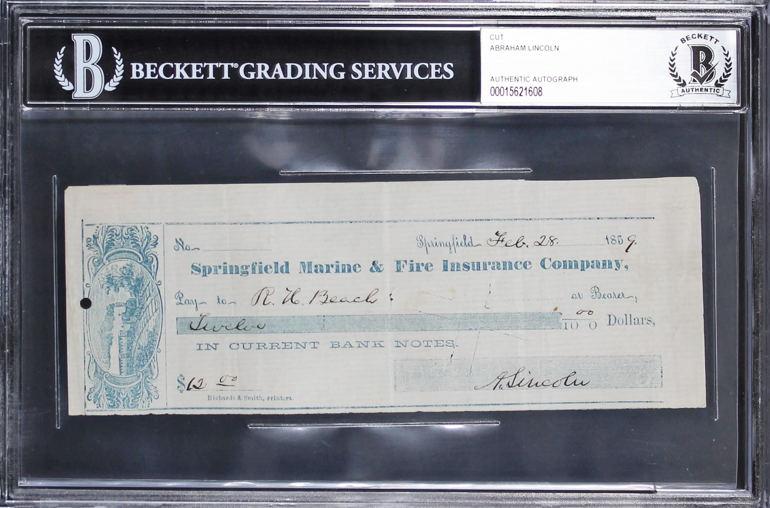 Abraham Lincoln Signed 2.75x7.5 1859 Springfield Marine & Fire Check BAS Slabbed
