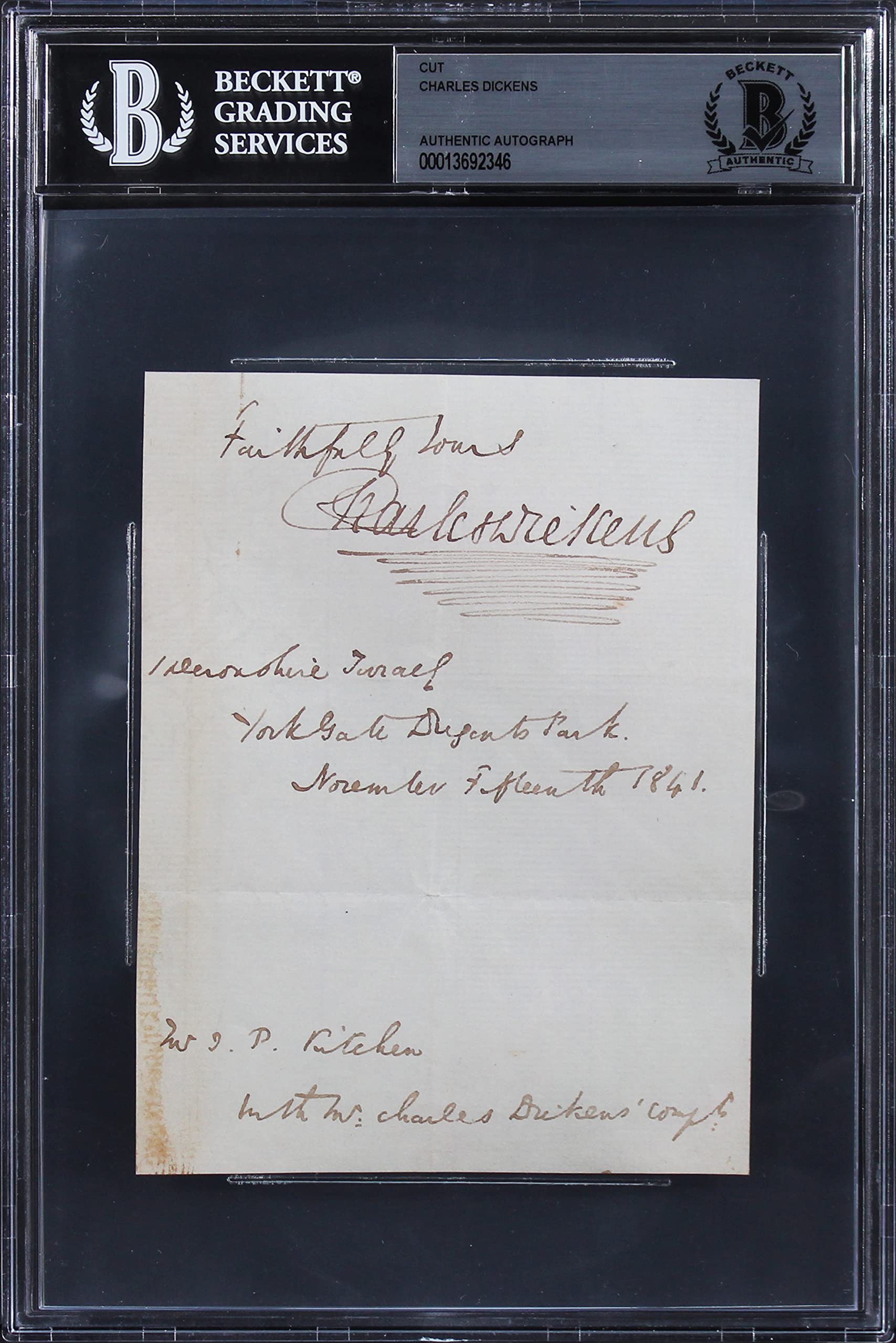 Charles Dickens "Faithfully Yours" Authentic Signed 4x5.5 Cut Signature BAS Slab