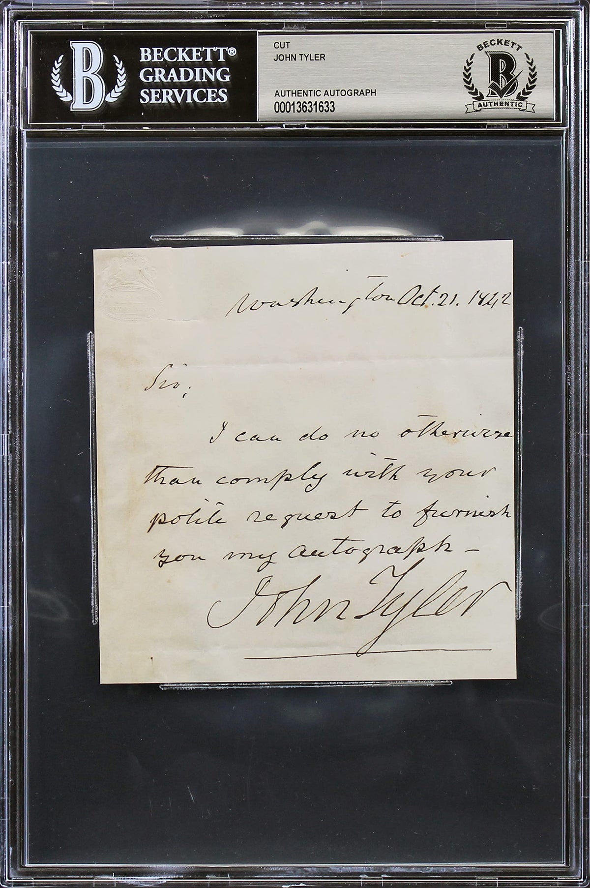 John Tyler Washington Signed 4.25x4.5 1842 Handwritten Letter BAS Slabbed