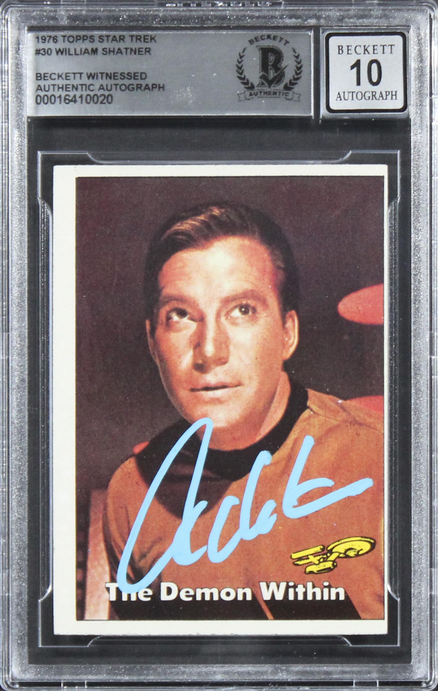 William Shatner Signed 1976 Topps Star Trek #30 Card Auto Grade 10! BAS Slabbed