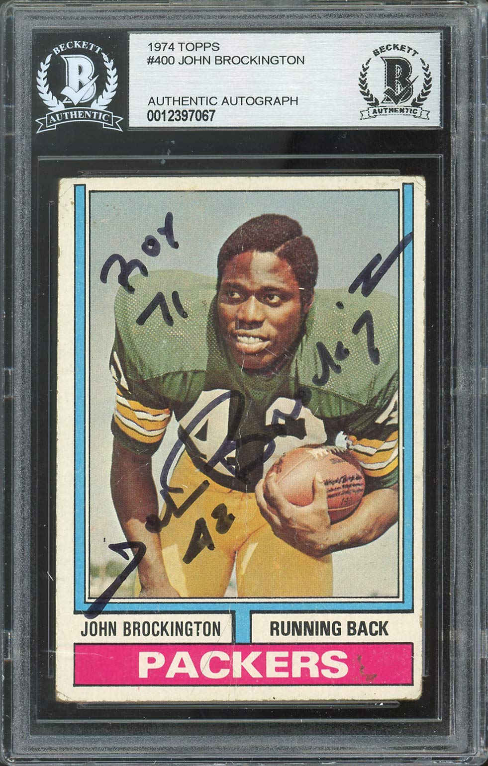 Packers John Brockington "ROY 71" Signed 1974 Topps #400 Card BAS Slabbed