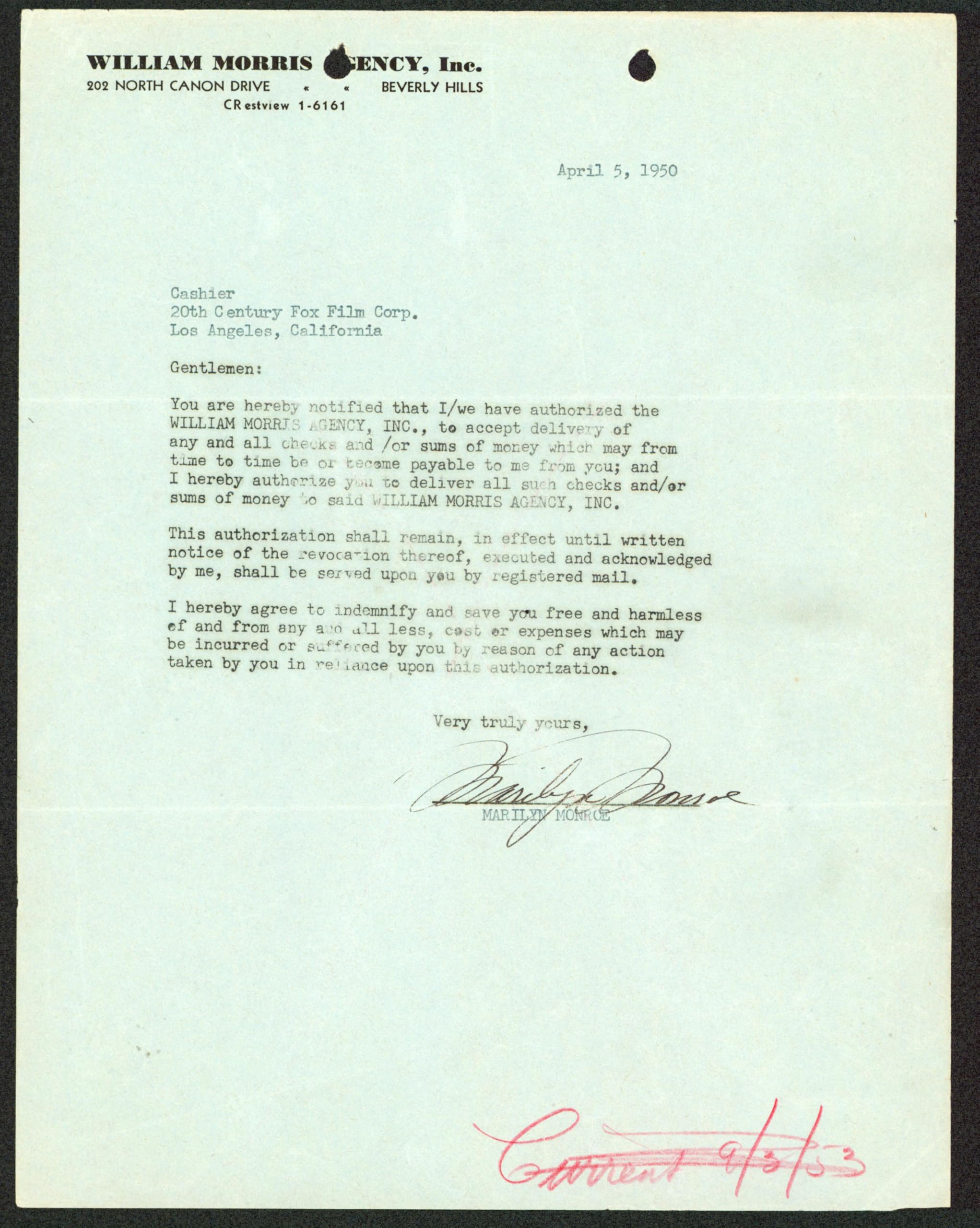 Marilyn Monroe Signed 8.5x11 1950 William Morris Agency Agreement BAS #AD64303