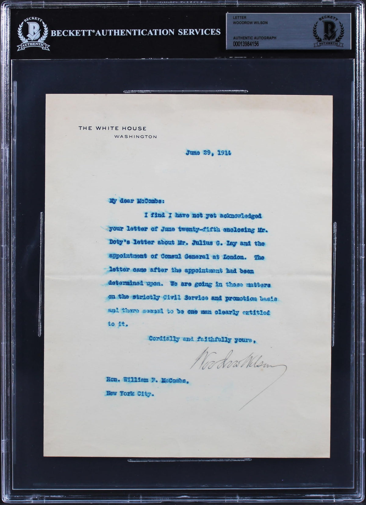 Woodrow Wilson Signed 7x8.75 1914 Letter On White House Letterhead BAS Slab 5
