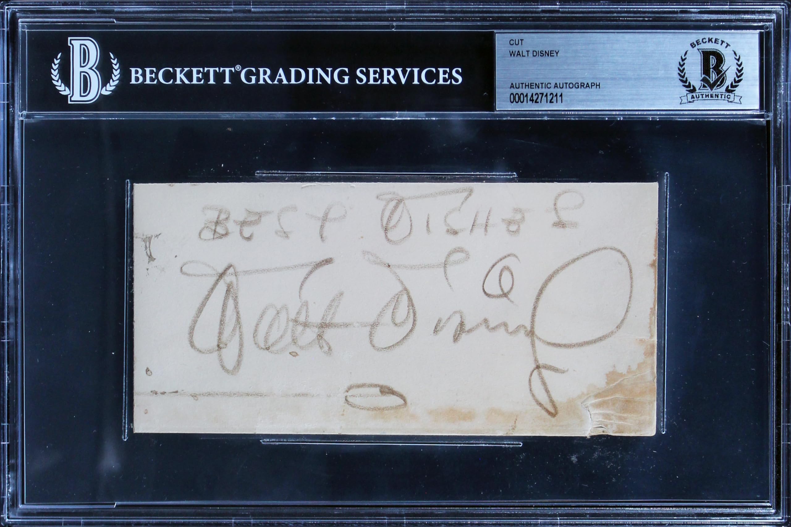Walt Disney "Best Wishes" Authentic Signed 2.85x6 Cut Signature BAS Slabbed