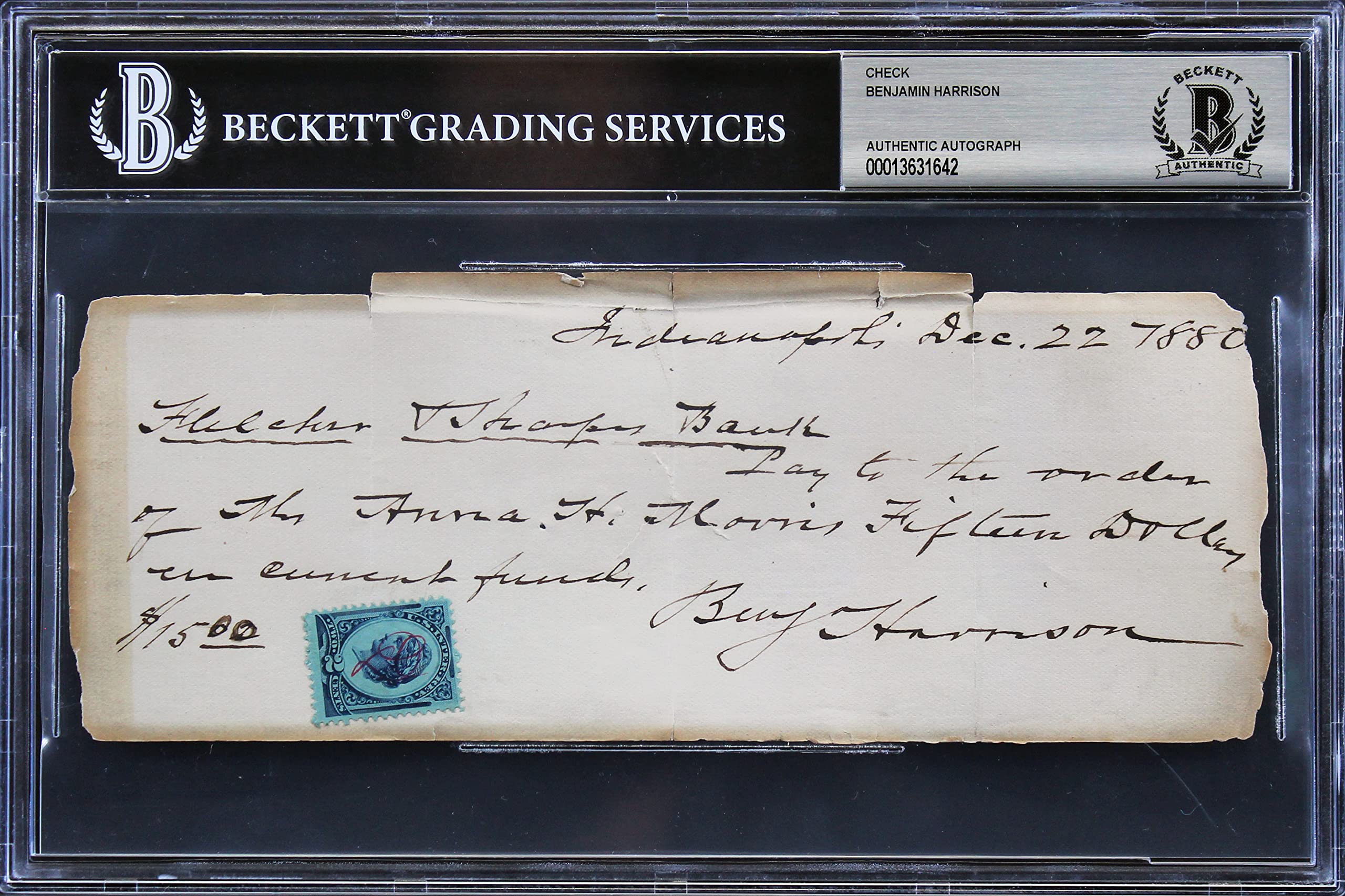 Benjamin Harrison Authentic Signed 3.25x8 1880 Handwritten Check BAS Slabbed