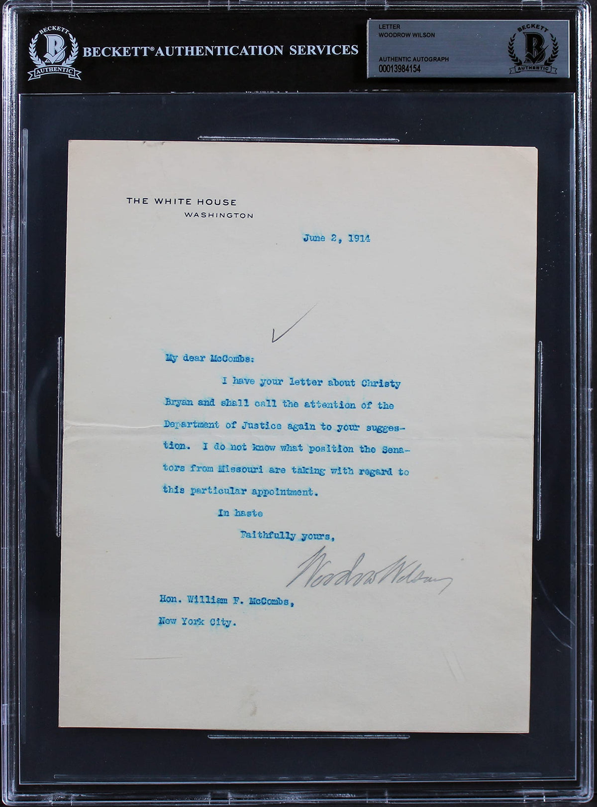 Woodrow Wilson Signed 7x8.75 1914 Letter On White House Letterhead BAS Slab 10