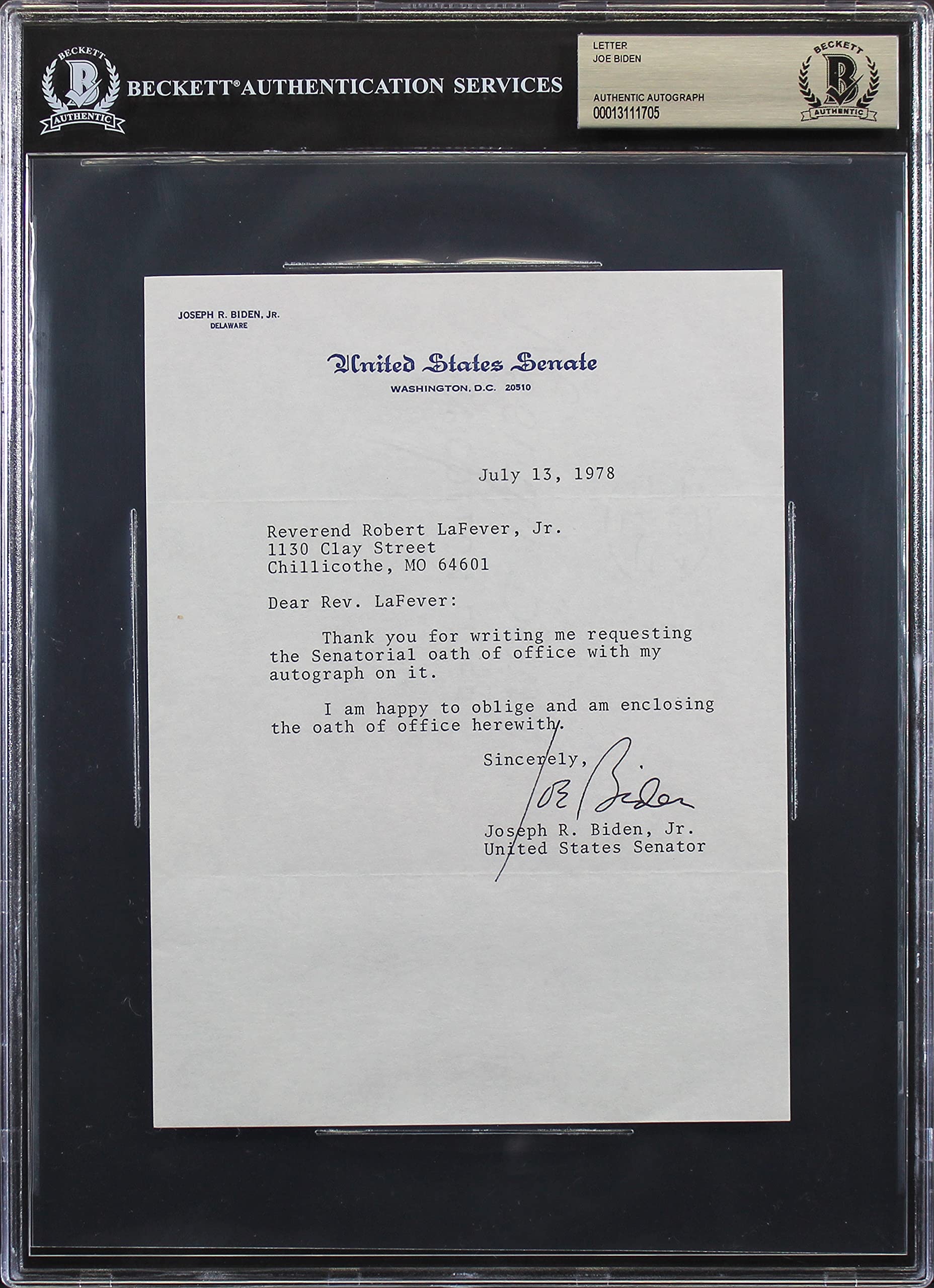 Joe Biden Signed 6x8 Letter On 1978 Senate Office Letterhead BAS Slabbed