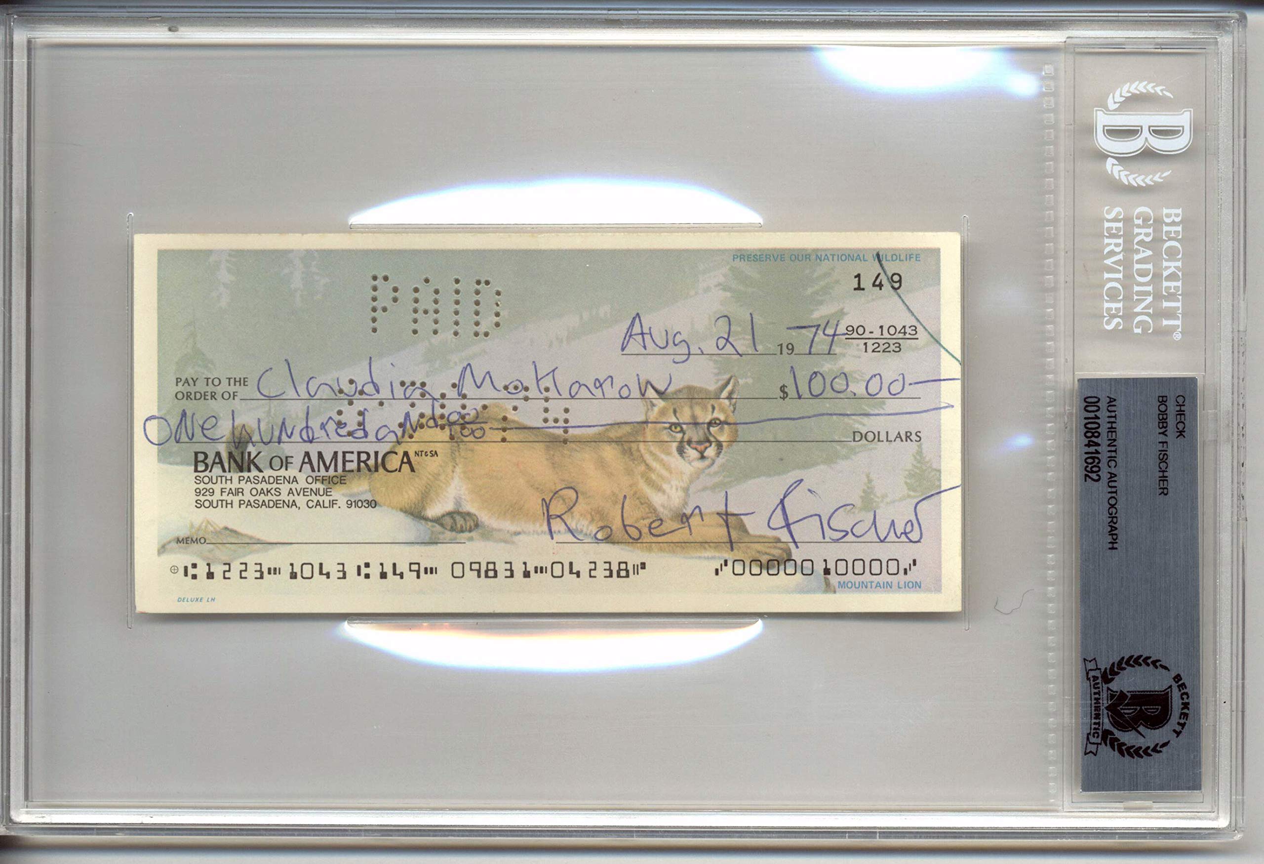 Bobby Fischer Authentic Signed Personal Check Dated August 21, 1974 BAS Slabbed