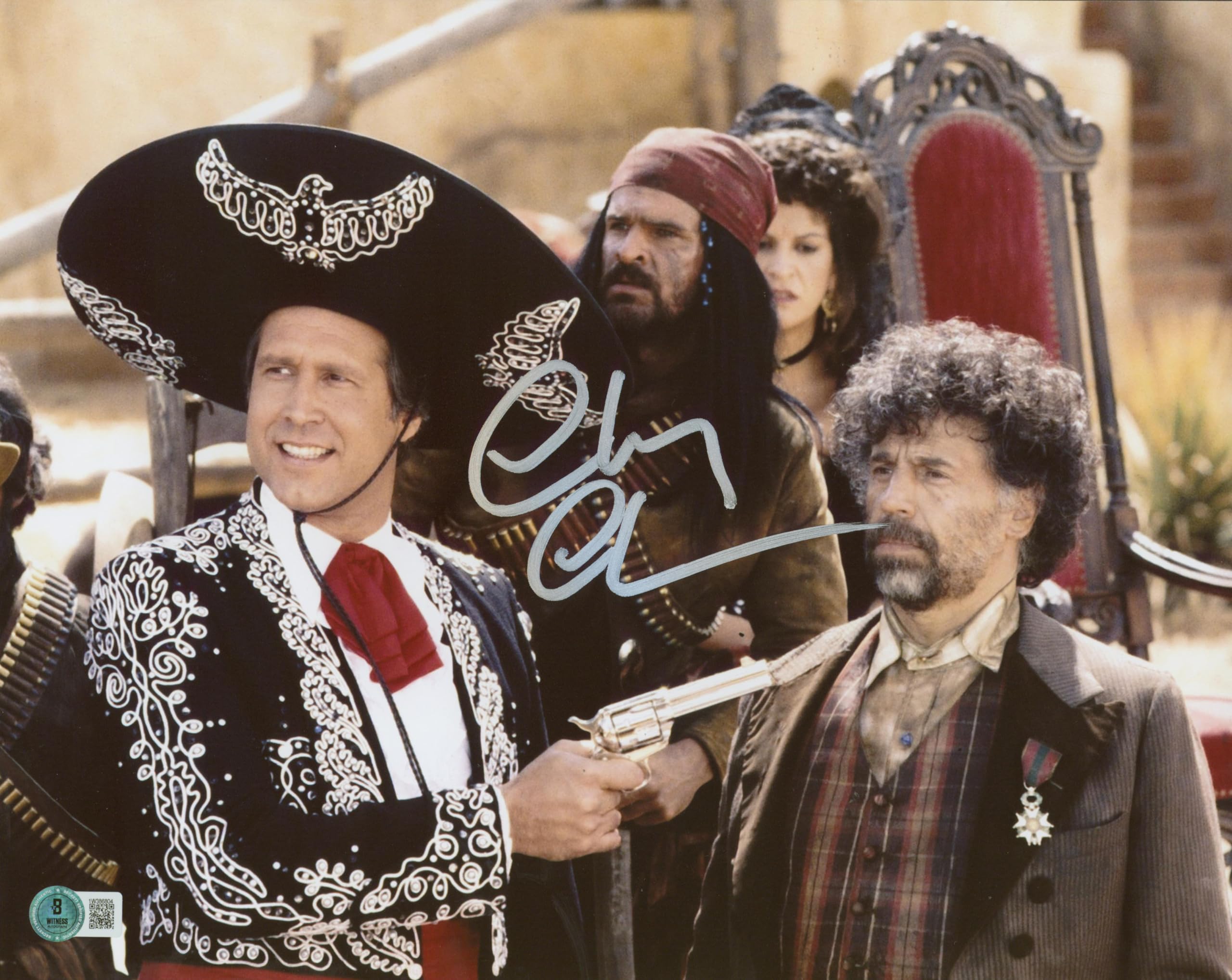 Chevy Chase Three Amigos! Signed 11x14 Horizontal Gun Point Photo BAS Witnessed