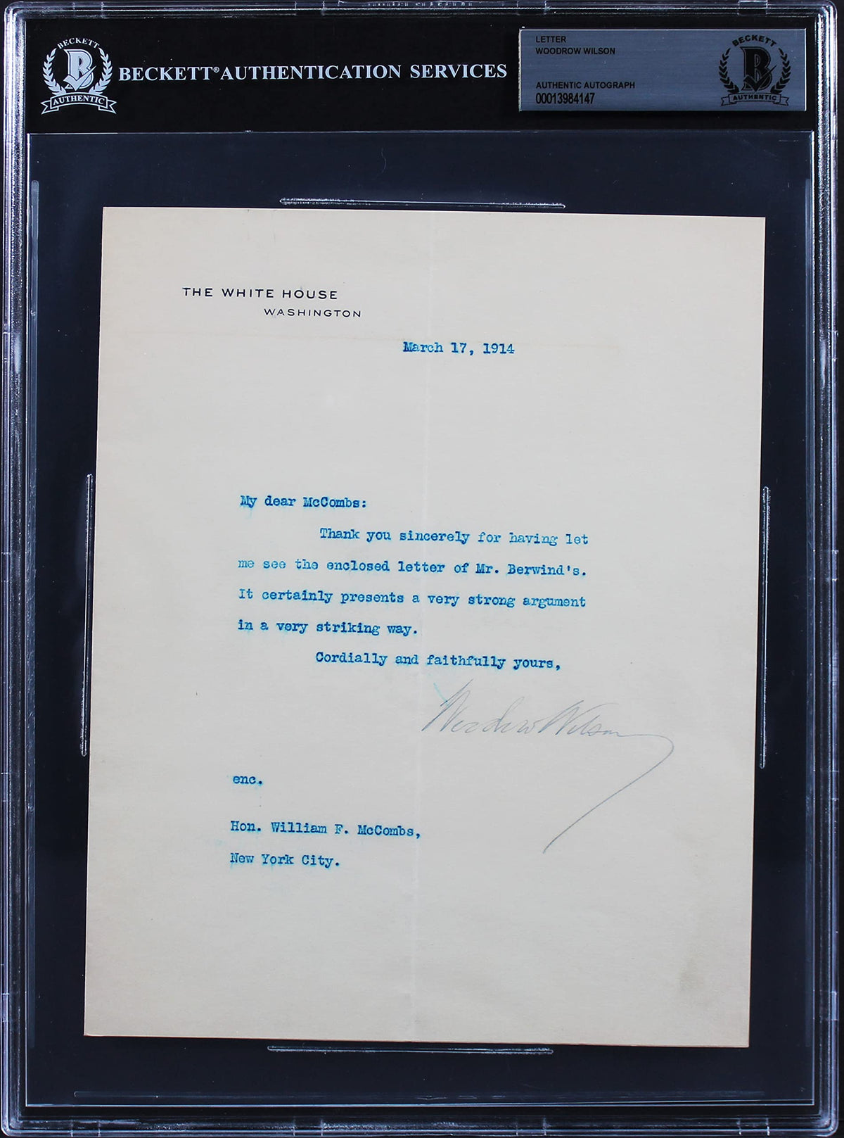 Woodrow Wilson Signed 7x8.75  1914 Letter On White House Letterhead BAS Slab 2