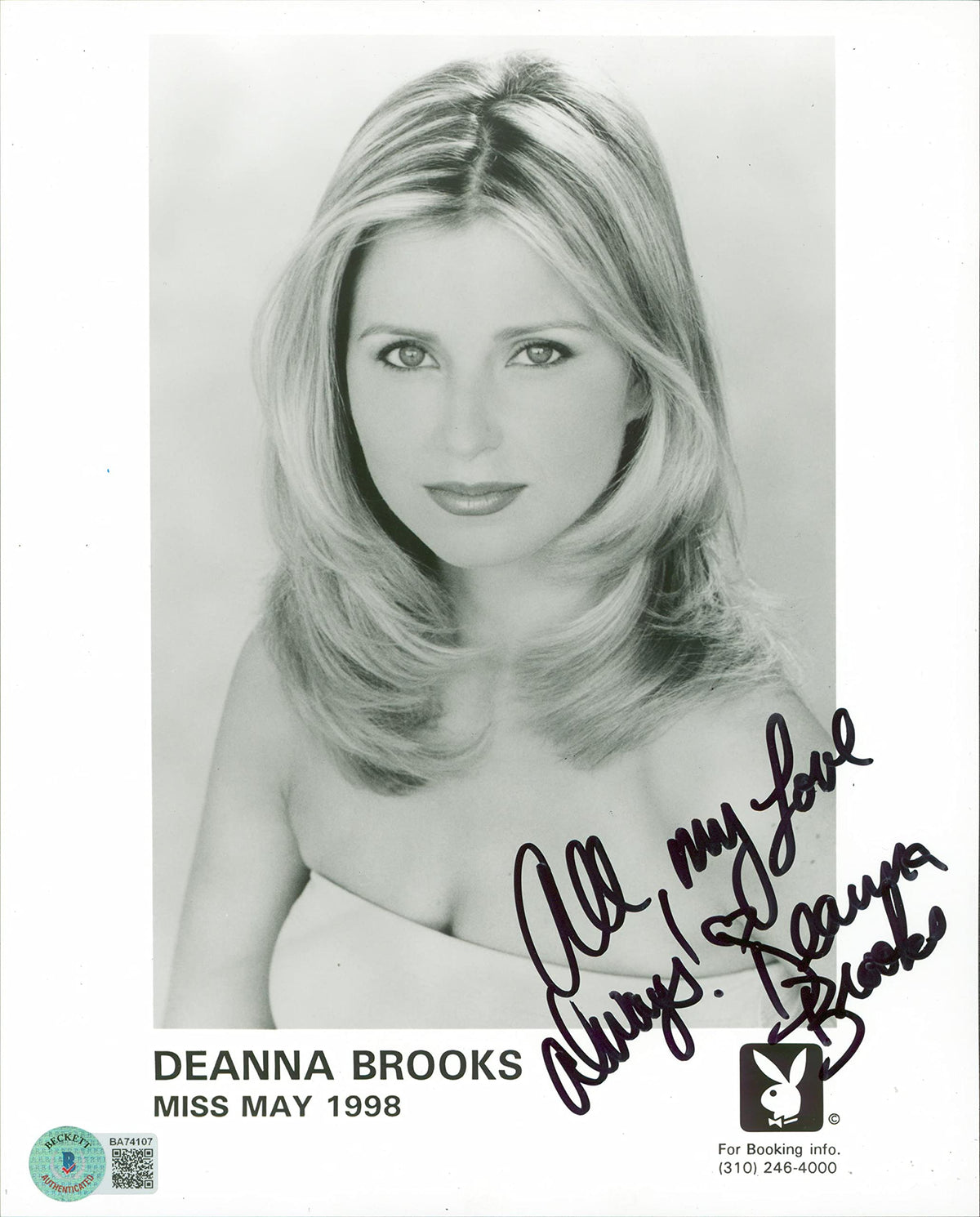 Deanna Brooks Playboy "All My Love Always!" Signed 8x10 Sexy Photo BAS #BA74107