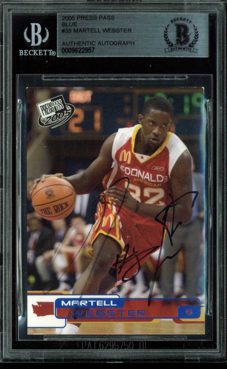 Blazers Martell Webster Signed Card 2005 Press Pass Blue RC #35 BAS Slabbed
