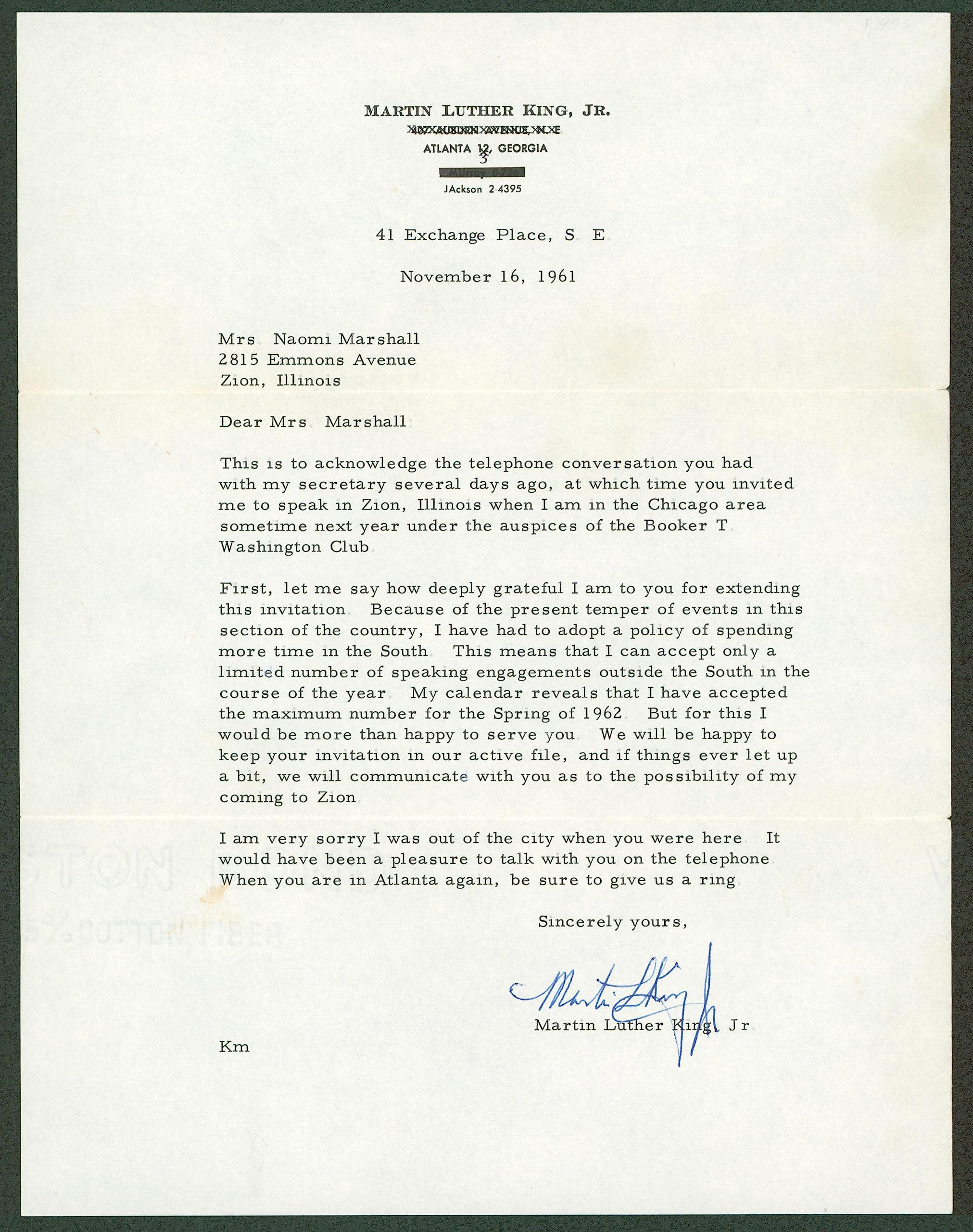 Martin Luther King Jr. Signed 8.5x11 1961 Letter Auto Graded 10! BAS #AB77912
