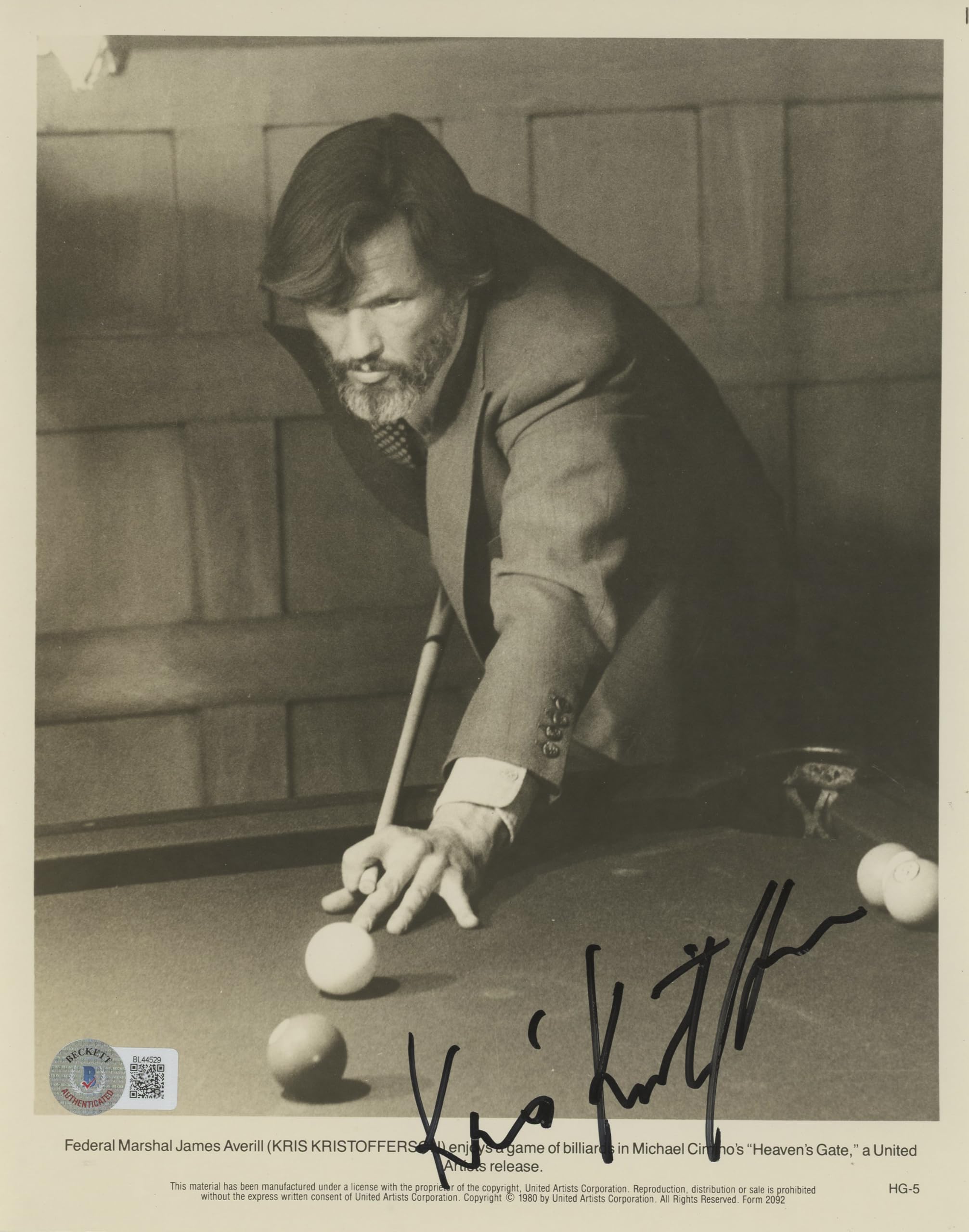 Kris Kristofferson Heaven's Gate Authentic Signed 8x10 Photo BAS #BL44529