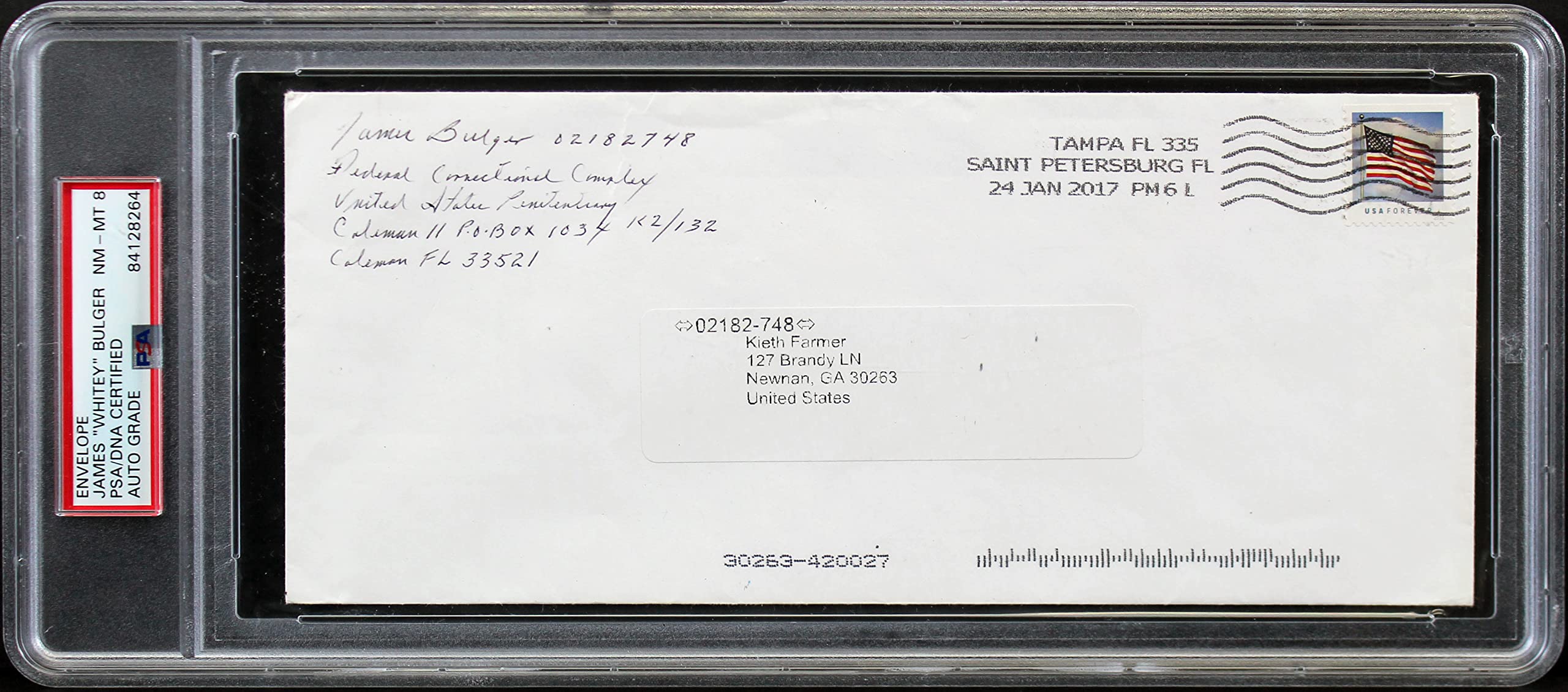 James Whitey Bulger Signed 4.15x9.5 2017 Envelope Auto NM-MT 8 PSA/DNA Slabbed
