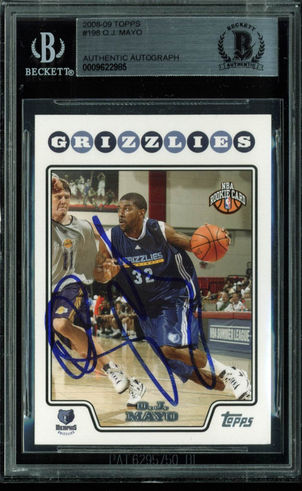Grizzlies O.J. Mayo Authentic Signed Card 2008 Topps RC #198 BAS Slabbed