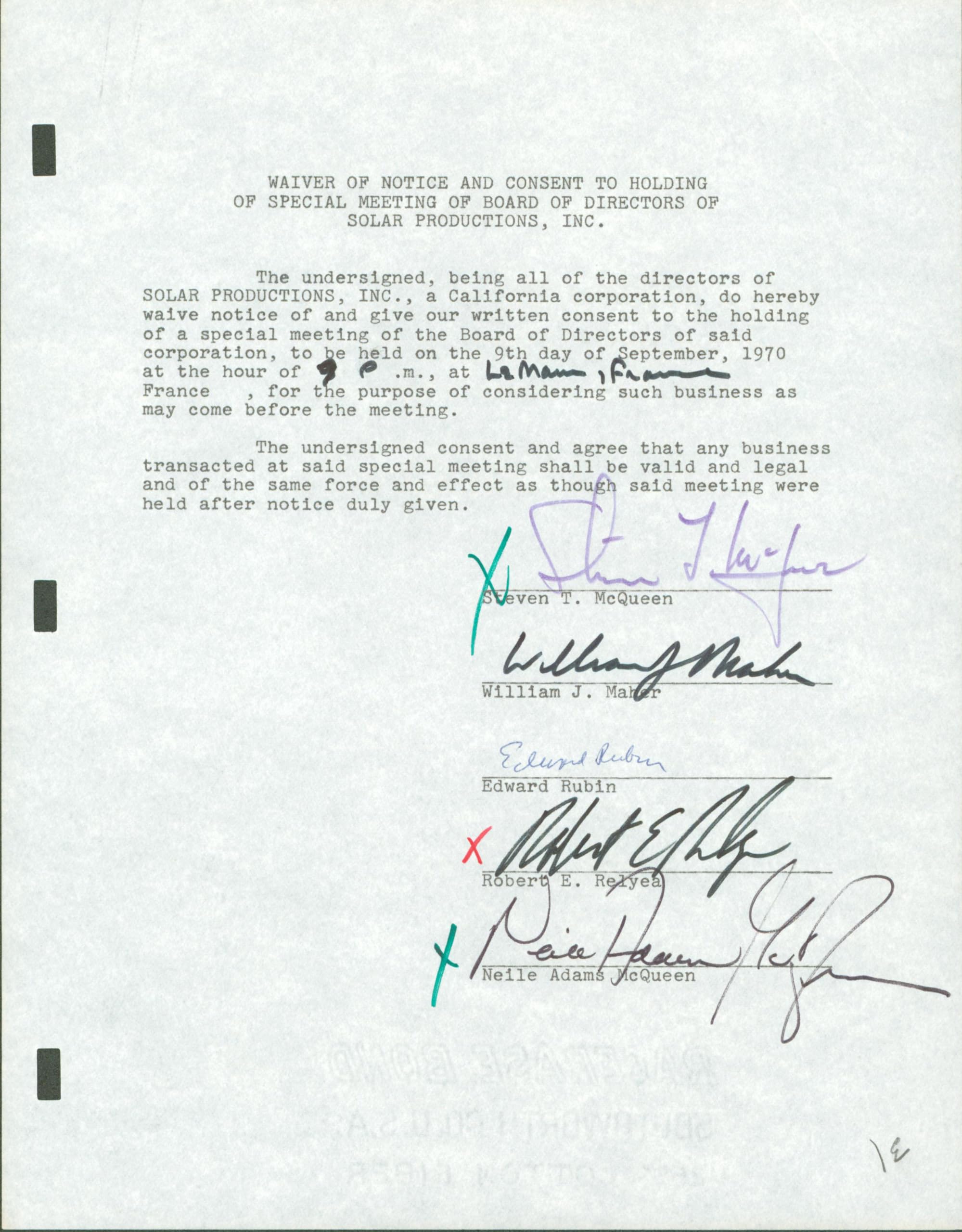 Steve McQueen Signed 8.5x11 1970 Solar Products BOD Contract Signature Page BAS