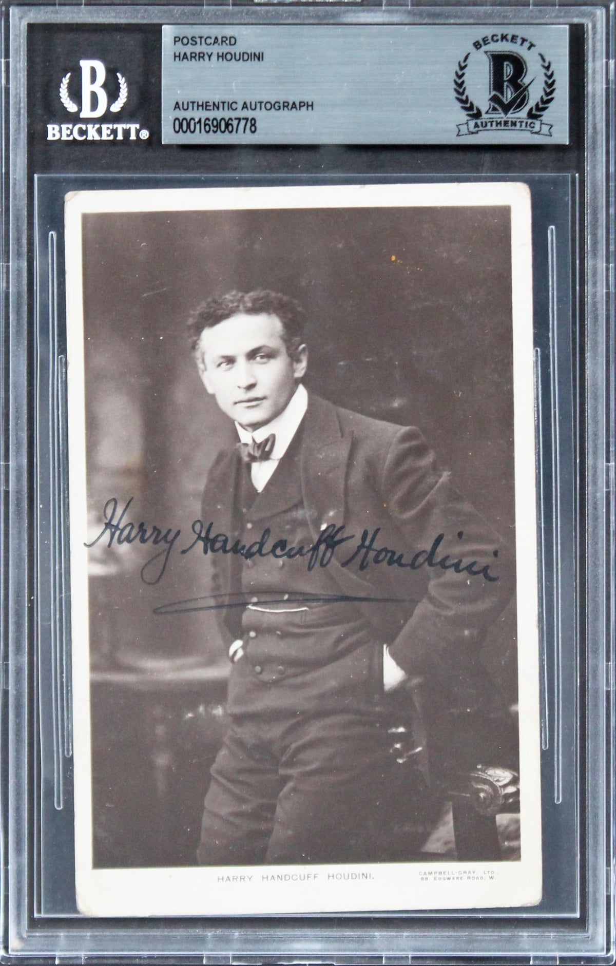 Harry Houdini "Handcuff" Authentic Signed 3.5x5.5 Postcard BAS Slabbed