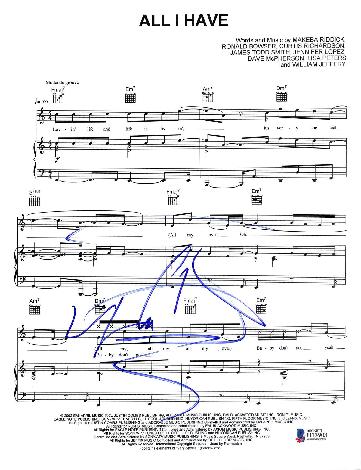 LL Cool J Authentic Signed All I Have 8.5x11 Music Sheet Photo BAS #H13903
