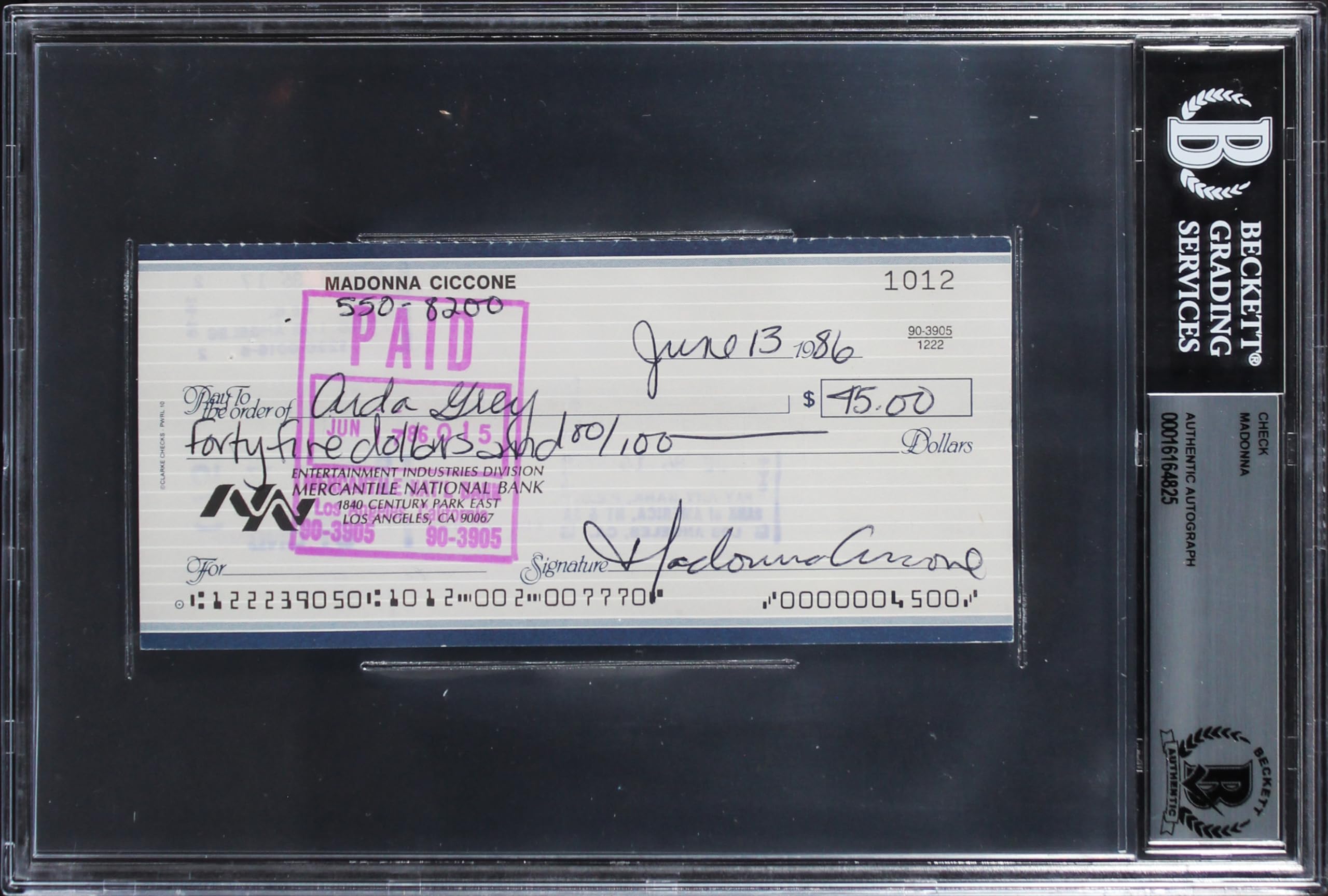 Madonna Authentic Signed 2.75x6 1986 Personal Check To Aida GreyBAS Slabbed